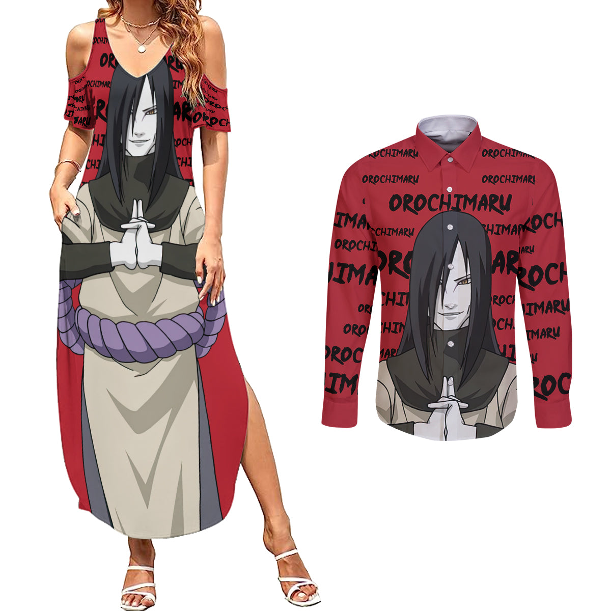 Orochimaru Anime Style Manga Couples Matching Summer Maxi Dress and Long Sleeve Button Shirt