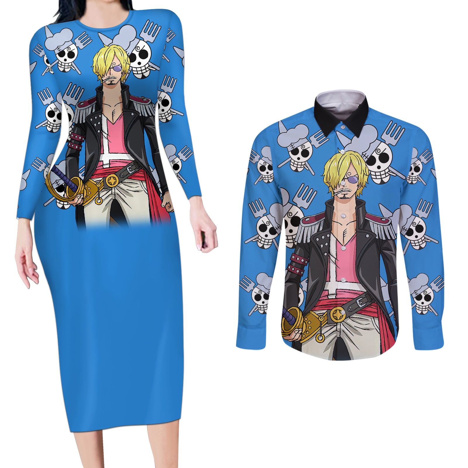 Vinsmoke Sanji Anime Movie Red Couples Matching Long Sleeve Bodycon Dress and Long Sleeve Button Shirt