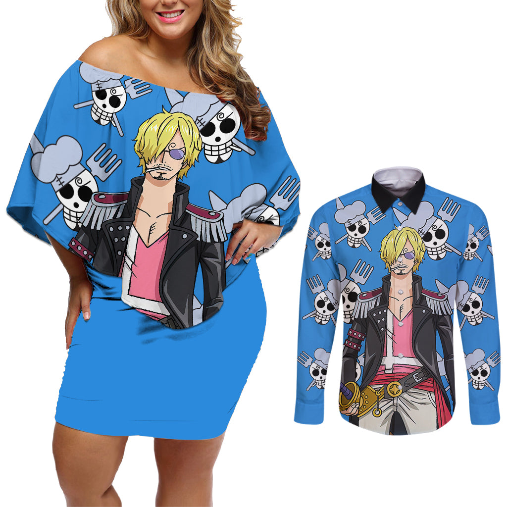 Vinsmoke Sanji Anime Movie Red Couples Matching Off Shoulder Short Dress and Long Sleeve Button Shirt