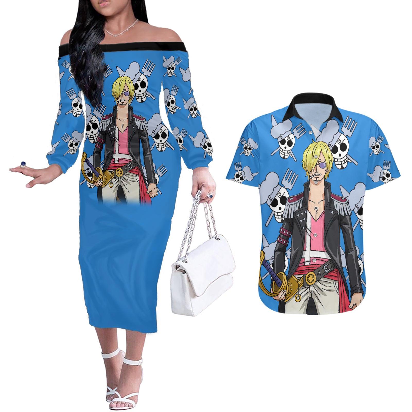 Vinsmoke Sanji Anime Movie Red Couples Matching Off The Shoulder Long Sleeve Dress and Hawaiian Shirt