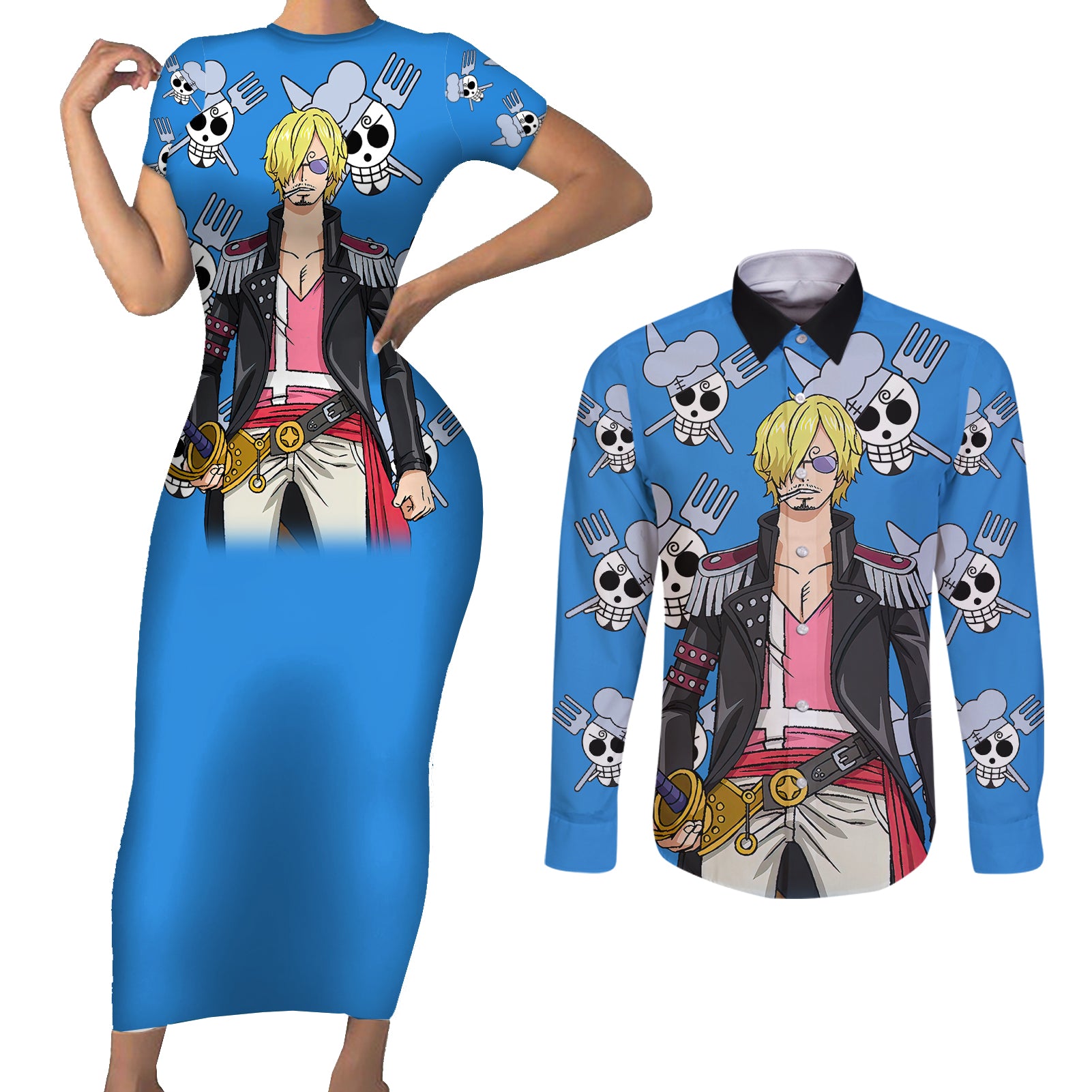 Vinsmoke Sanji Anime Movie Red Couples Matching Short Sleeve Bodycon Dress and Long Sleeve Button Shirt