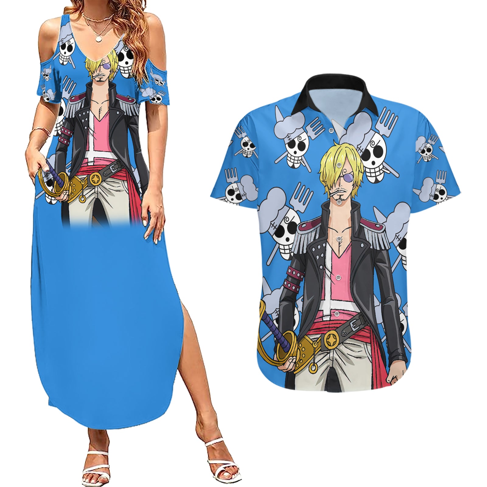 Vinsmoke Sanji Anime Movie Red Couples Matching Summer Maxi Dress and Hawaiian Shirt