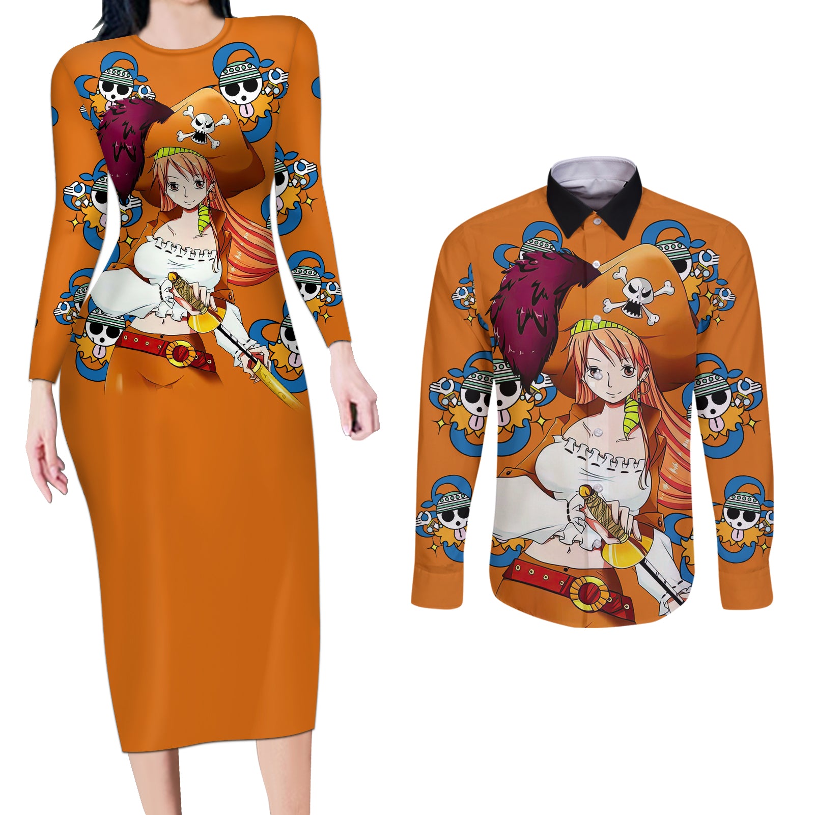 Nami - Anime Movie Red Couples Matching Long Sleeve Bodycon Dress and Long Sleeve Button Shirt