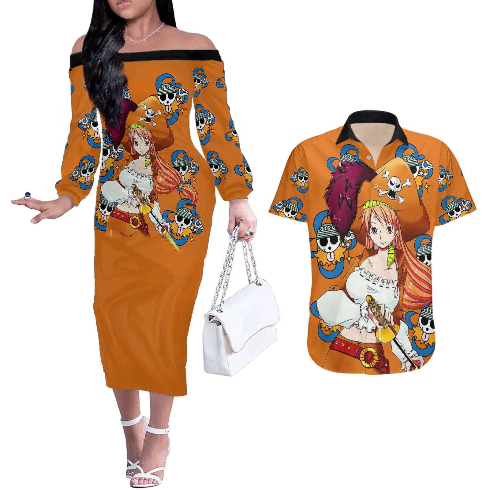 Nami - Anime Movie Red Couples Matching Off The Shoulder Long Sleeve Dress and Hawaiian Shirt