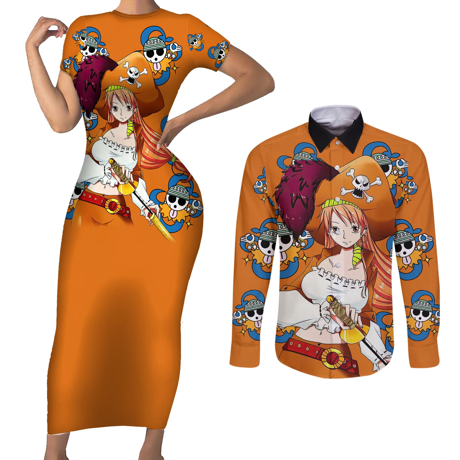 Nami - Anime Movie Red Couples Matching Short Sleeve Bodycon Dress and Long Sleeve Button Shirt