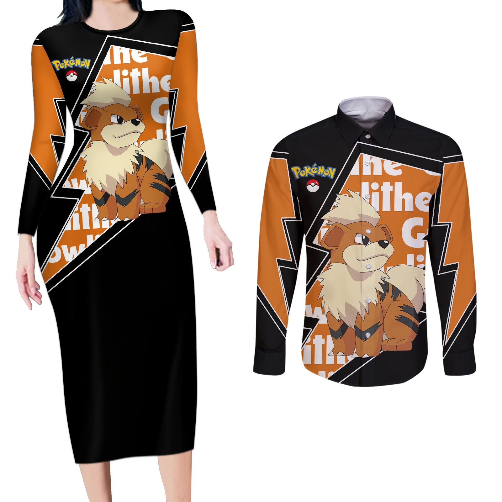 Growlithe Anime Lighting Style Couples Matching Long Sleeve Bodycon Dress and Long Sleeve Button Shirt