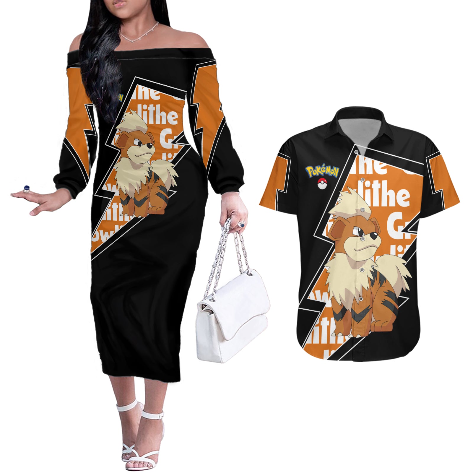 Growlithe Anime Lighting Style Couples Matching Off The Shoulder Long Sleeve Dress and Hawaiian Shirt