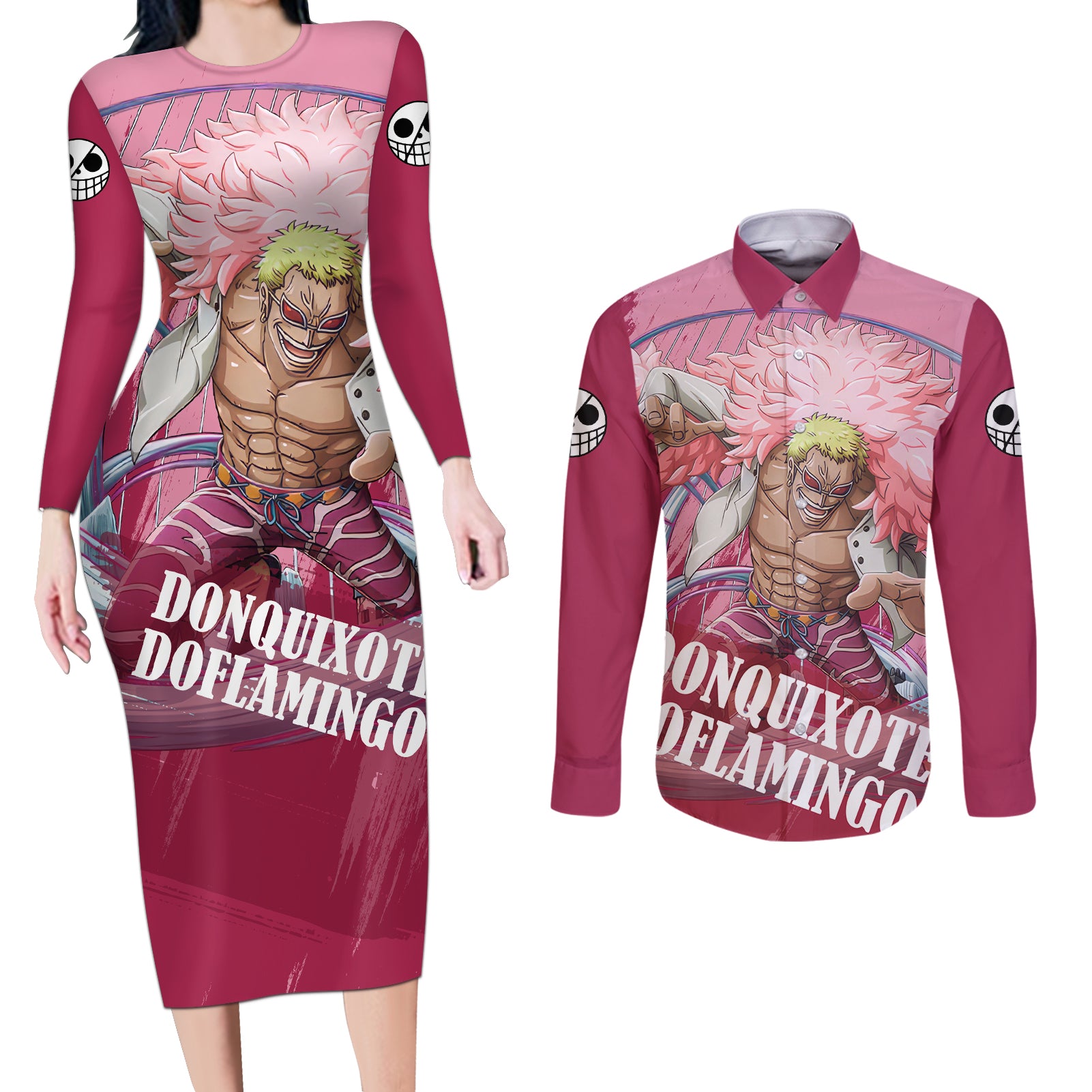 Donquixote Doflamingo Couples Matching Long Sleeve Bodycon Dress and Long Sleeve Button Shirt One Piece