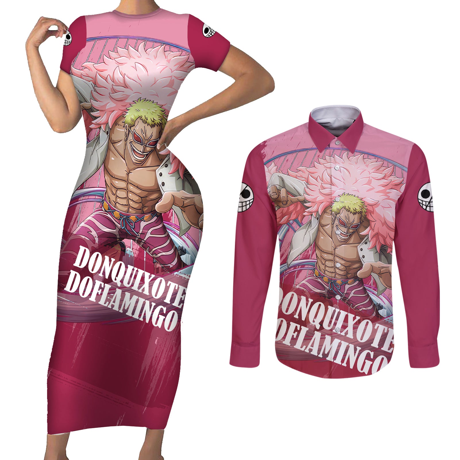 Donquixote Doflamingo Couples Matching Short Sleeve Bodycon Dress and Long Sleeve Button Shirt One Piece