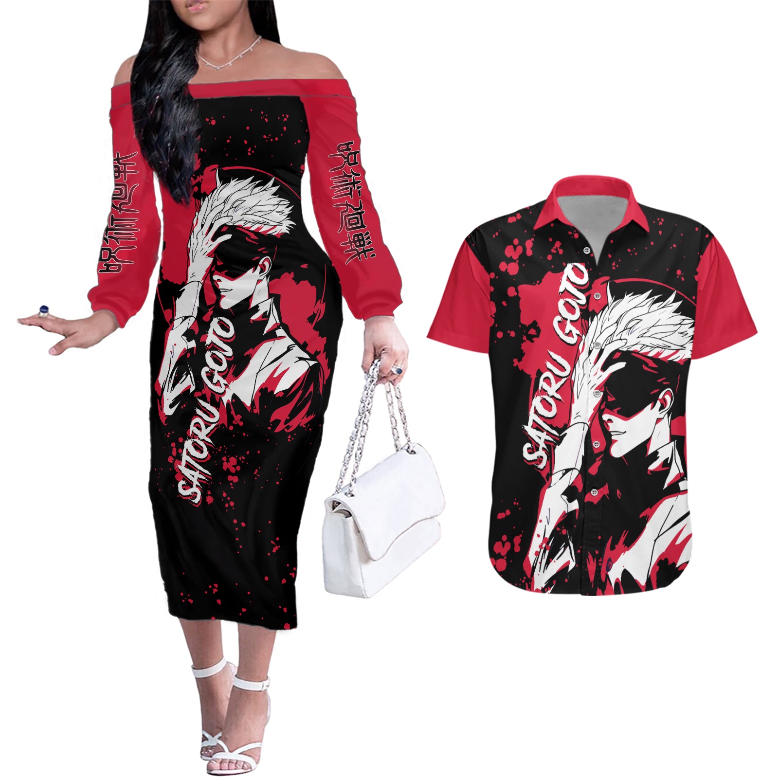 Satoru Gojo Couples Matching Off The Shoulder Long Sleeve Dress and Hawaiian Shirt Jujutsu Kaisen Anime