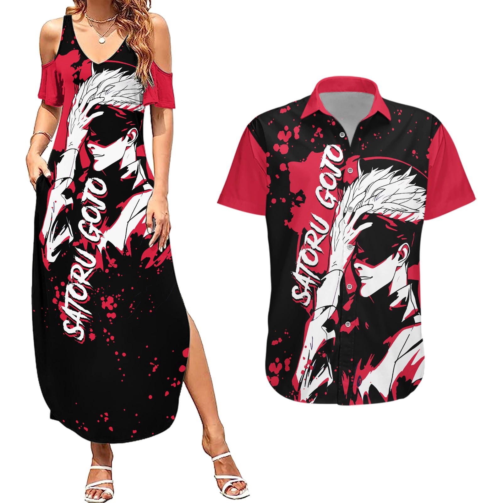 Satoru Gojo Couples Matching Summer Maxi Dress and Hawaiian Shirt Jujutsu Kaisen Anime