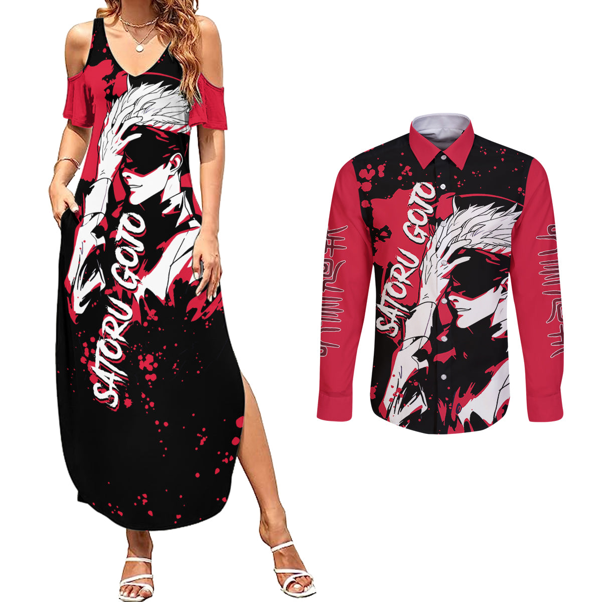 Satoru Gojo Couples Matching Summer Maxi Dress and Long Sleeve Button Shirt Jujutsu Kaisen Anime