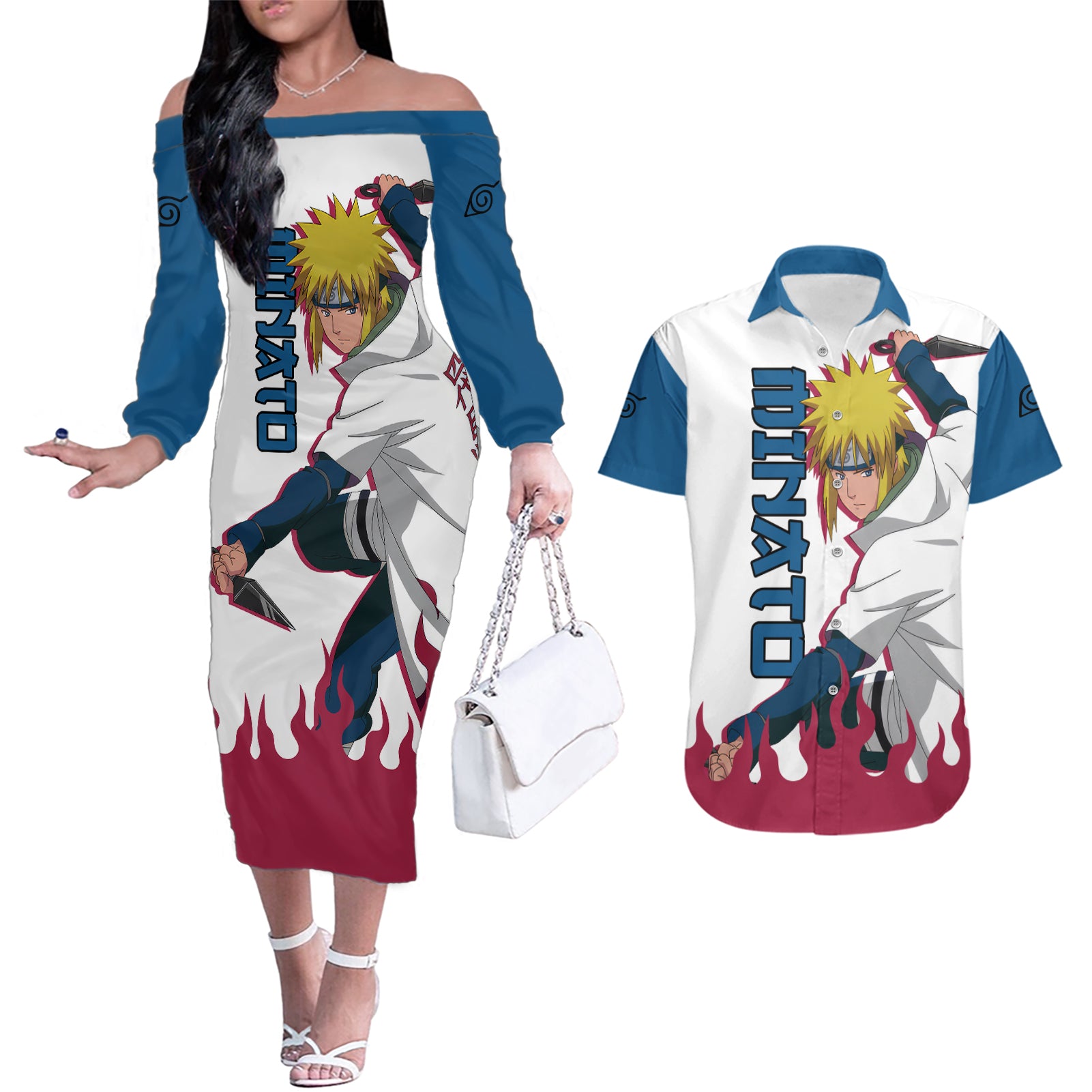 Minato Namikaze Couples Matching Off The Shoulder Long Sleeve Dress and Hawaiian Shirt Naruto