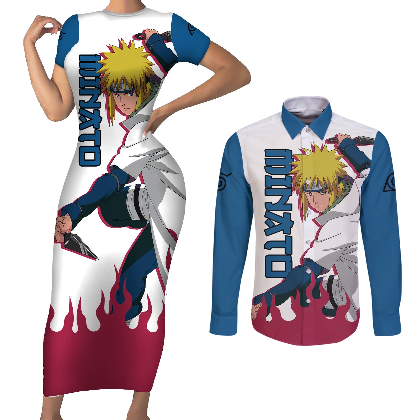 Minato Namikaze Couples Matching Short Sleeve Bodycon Dress and Long Sleeve Button Shirt Naruto