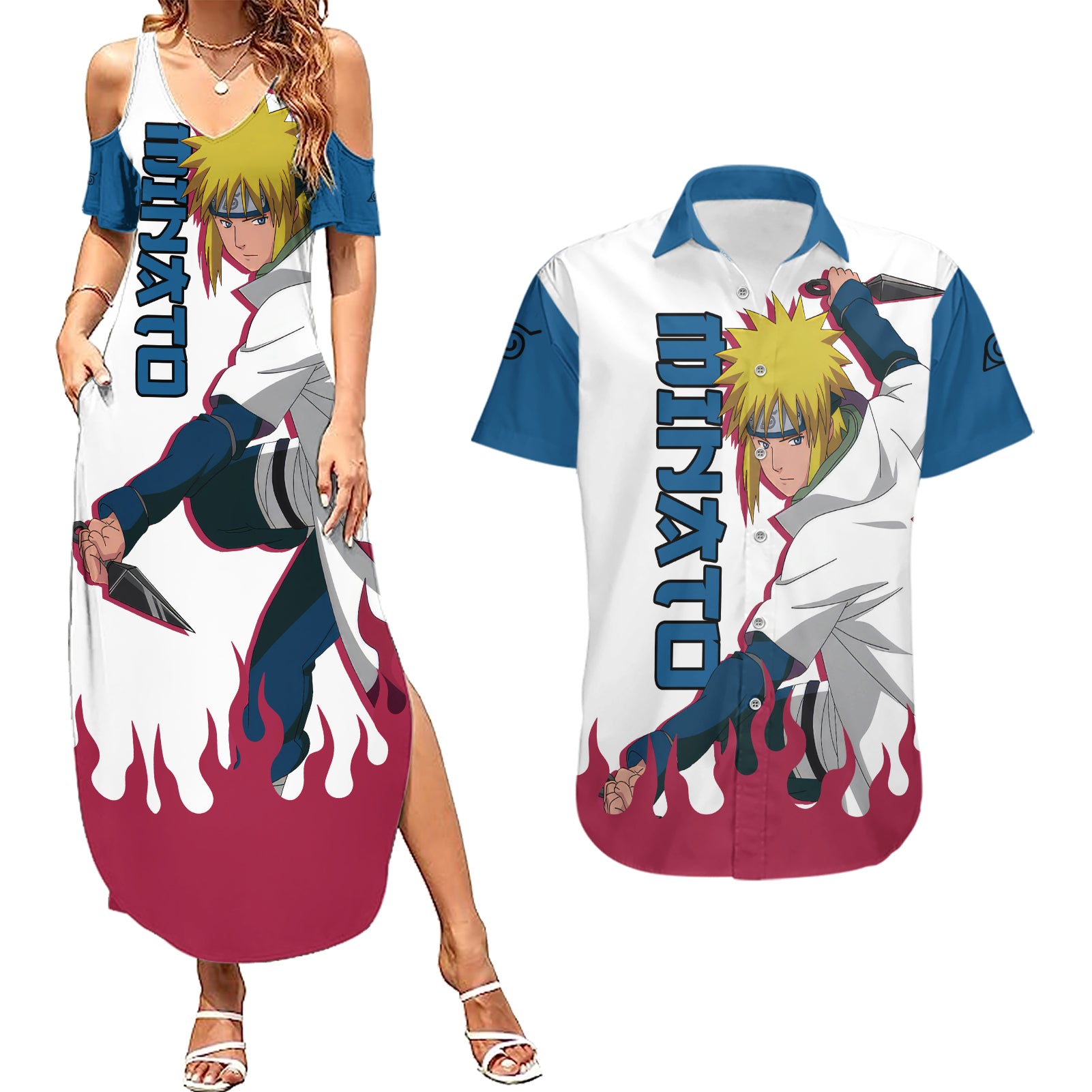 Minato Namikaze Couples Matching Summer Maxi Dress and Hawaiian Shirt Naruto