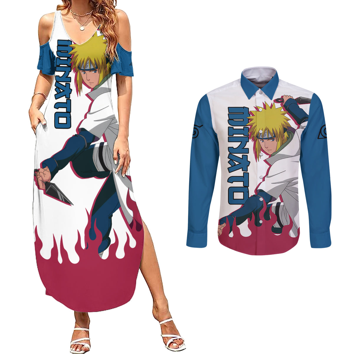 Minato Namikaze Couples Matching Summer Maxi Dress and Long Sleeve Button Shirt Naruto