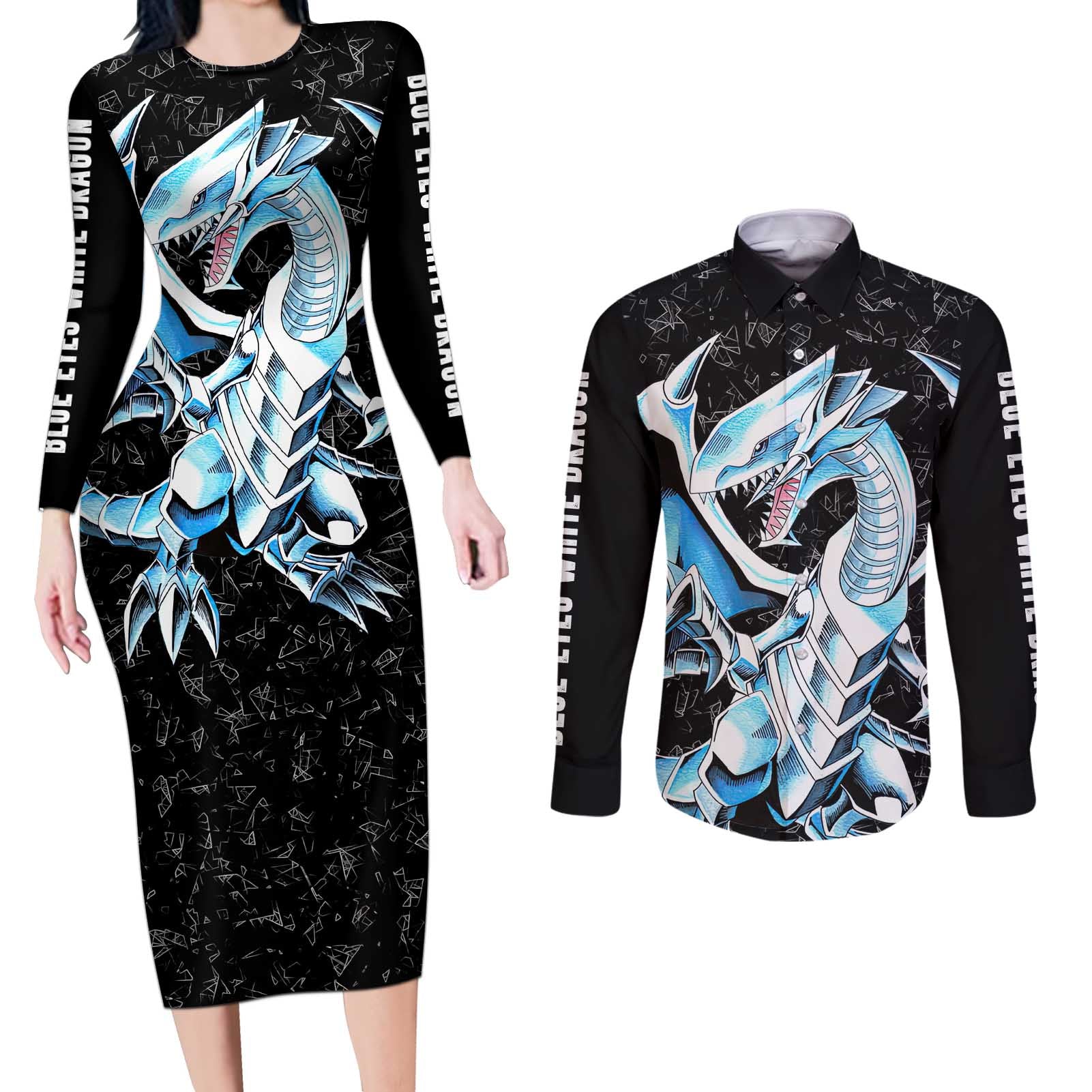 Blue-Eyes White Dragon Couples Matching Long Sleeve Bodycon Dress and Long Sleeve Button Shirt TS04