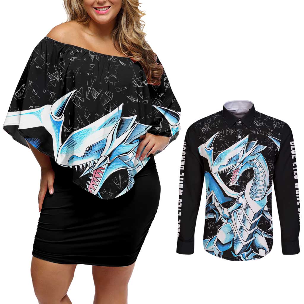 Blue-Eyes White Dragon Couples Matching Off Shoulder Short Dress and Long Sleeve Button Shirt TS04