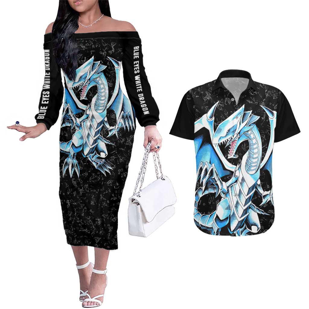 Blue-Eyes White Dragon Couples Matching Off The Shoulder Long Sleeve Dress and Hawaiian Shirt TS04