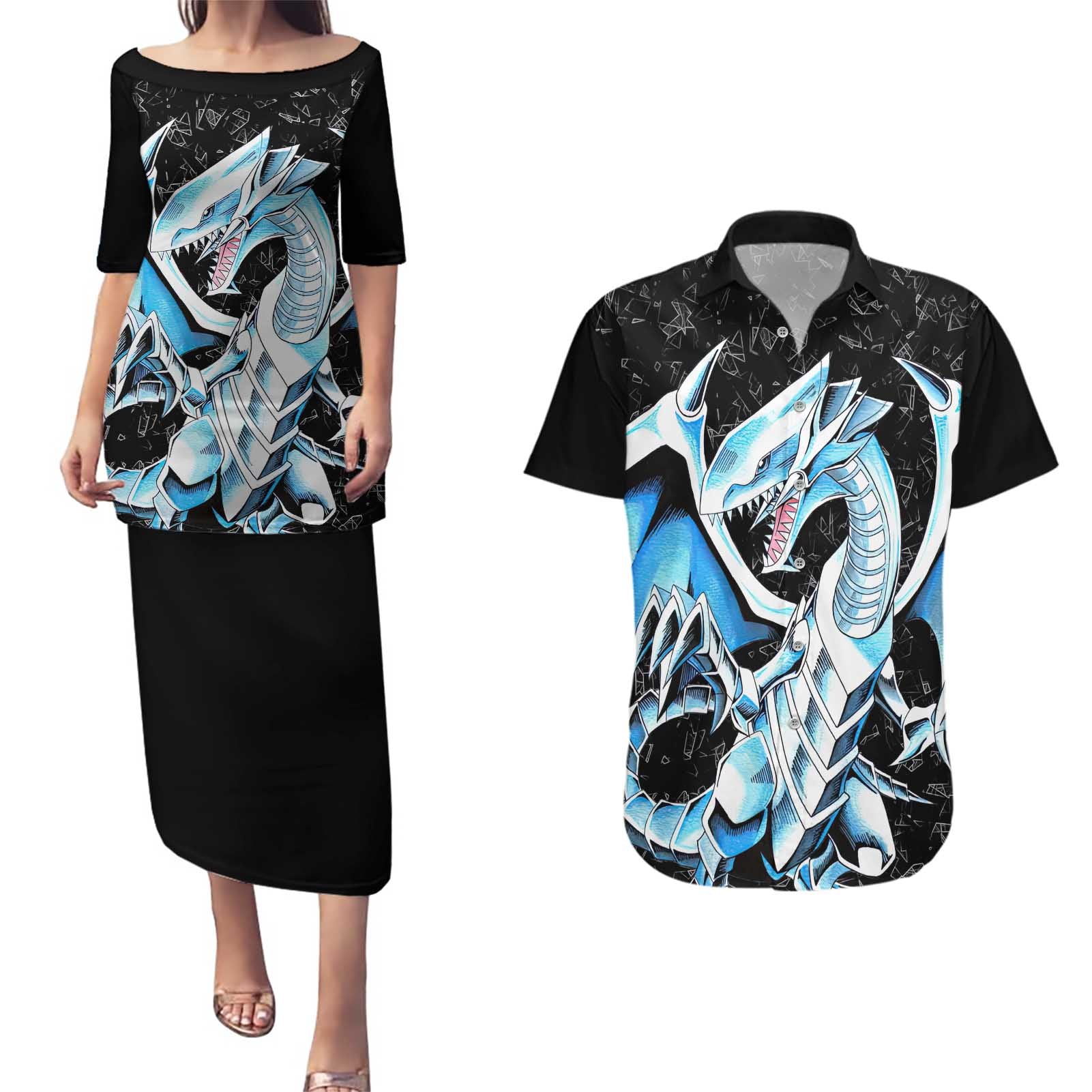 Blue-Eyes White Dragon Couples Matching Puletasi and Hawaiian Shirt TS04