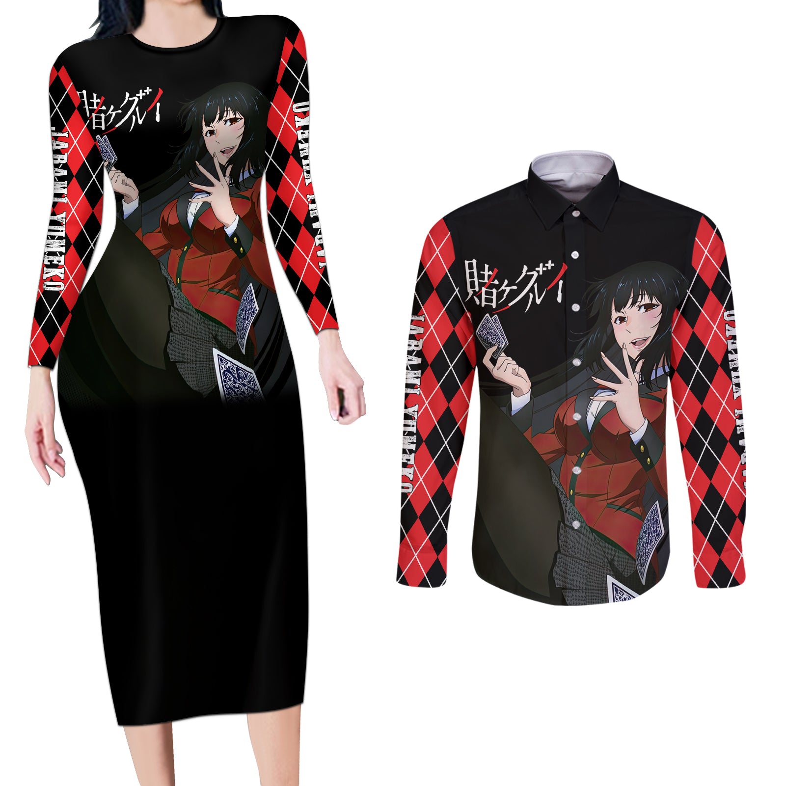 Jabami Yumeko Couples Matching Long Sleeve Bodycon Dress and Long Sleeve Button Shirt