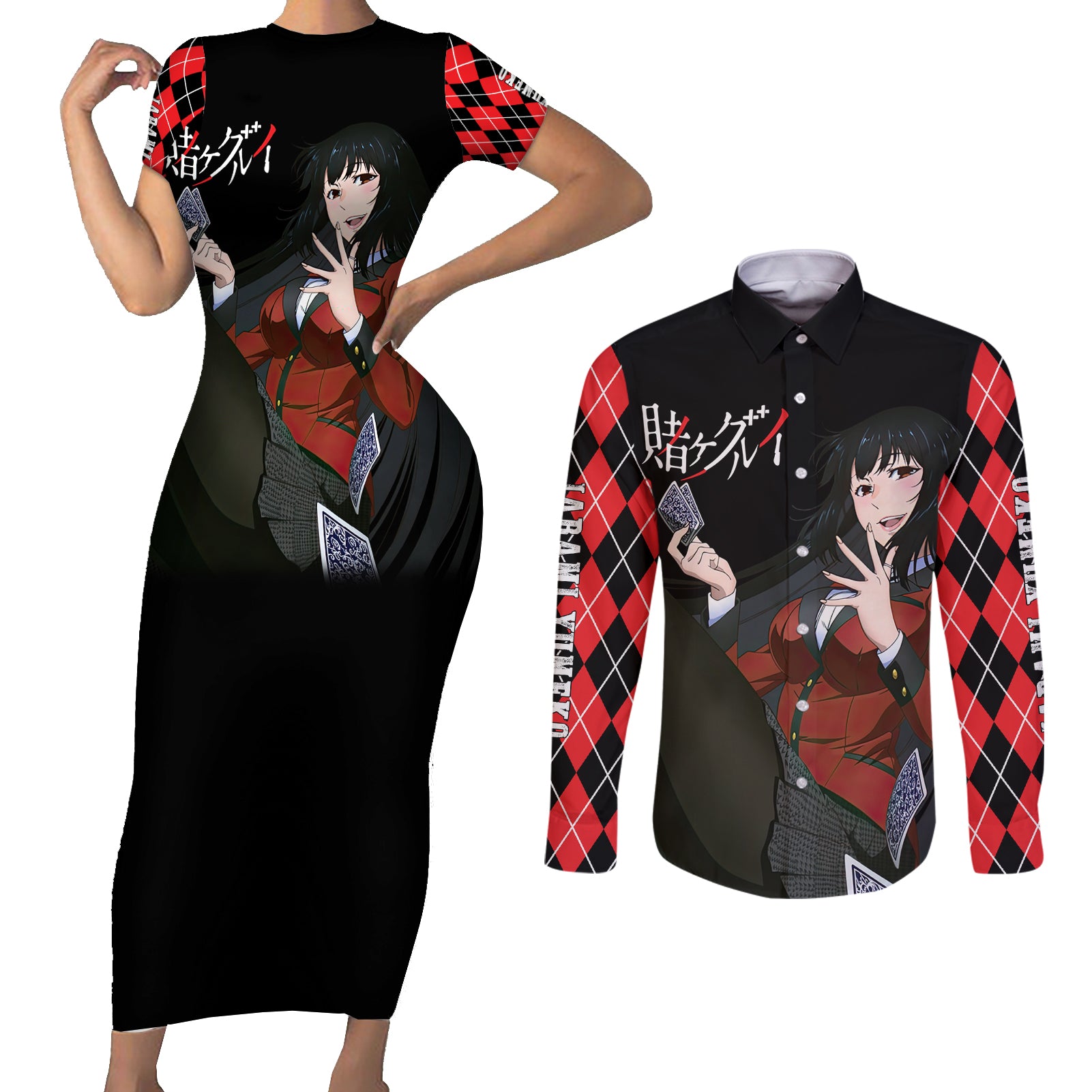 Jabami Yumeko Couples Matching Short Sleeve Bodycon Dress and Long Sleeve Button Shirt