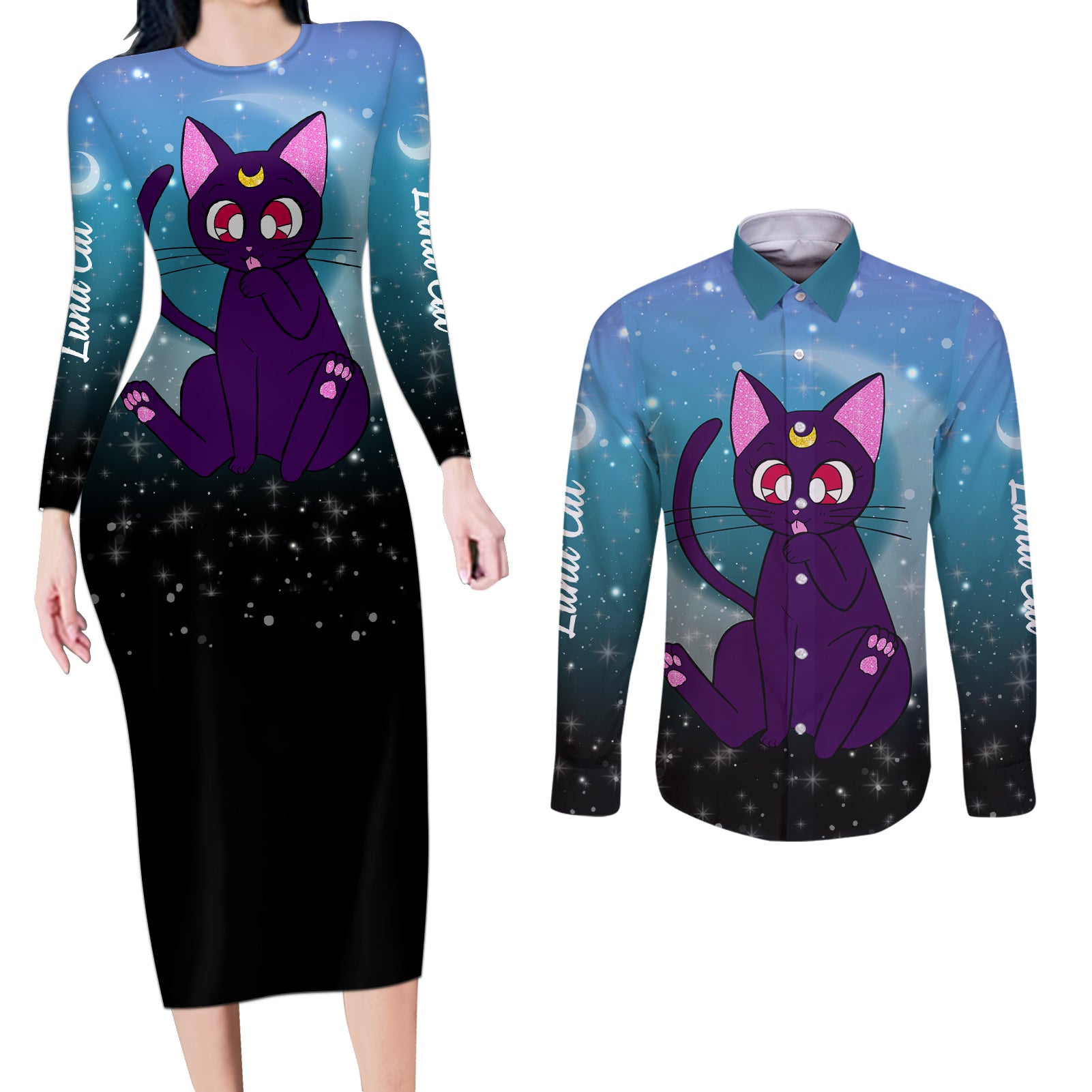 Luna Cat - Sailor Moon Couples Matching Long Sleeve Bodycon Dress and Long Sleeve Button Shirt