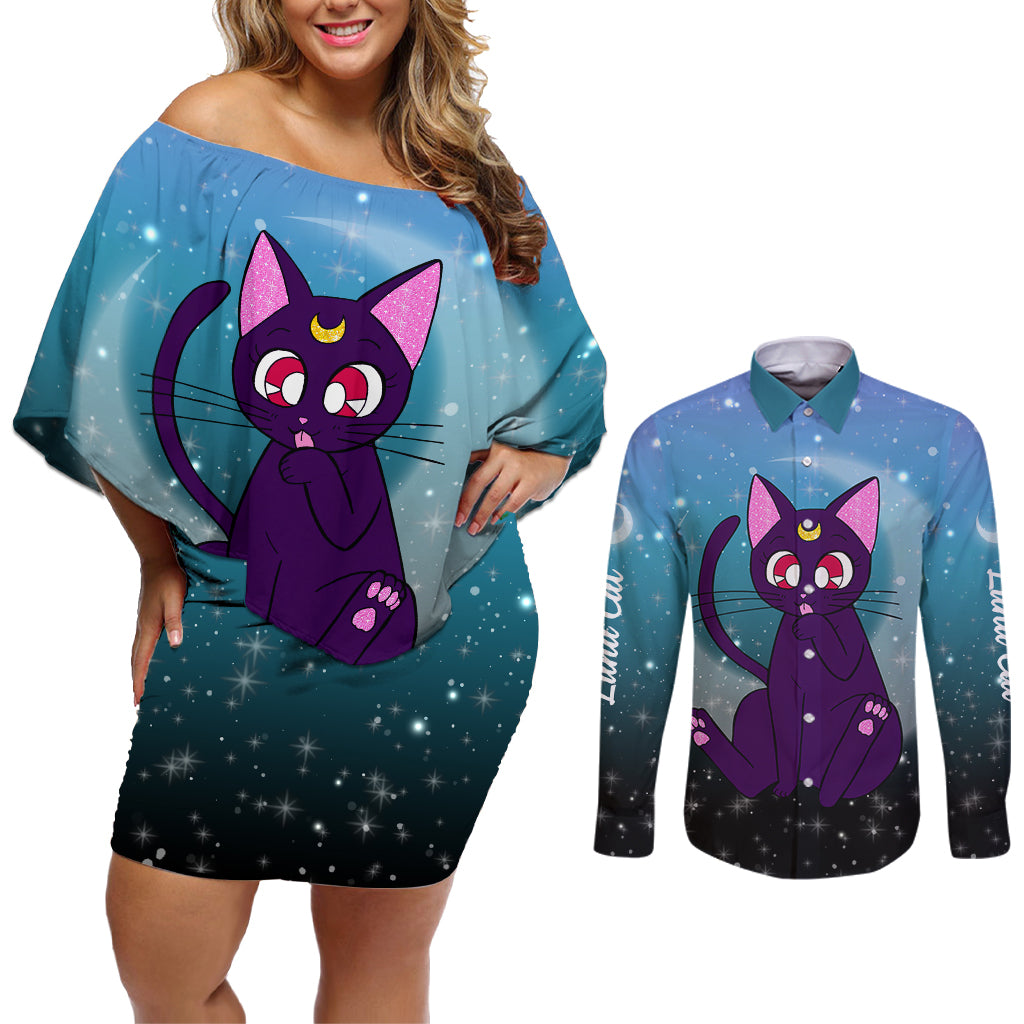 Luna Cat - Sailor Moon Couples Matching Off Shoulder Short Dress and Long Sleeve Button Shirt