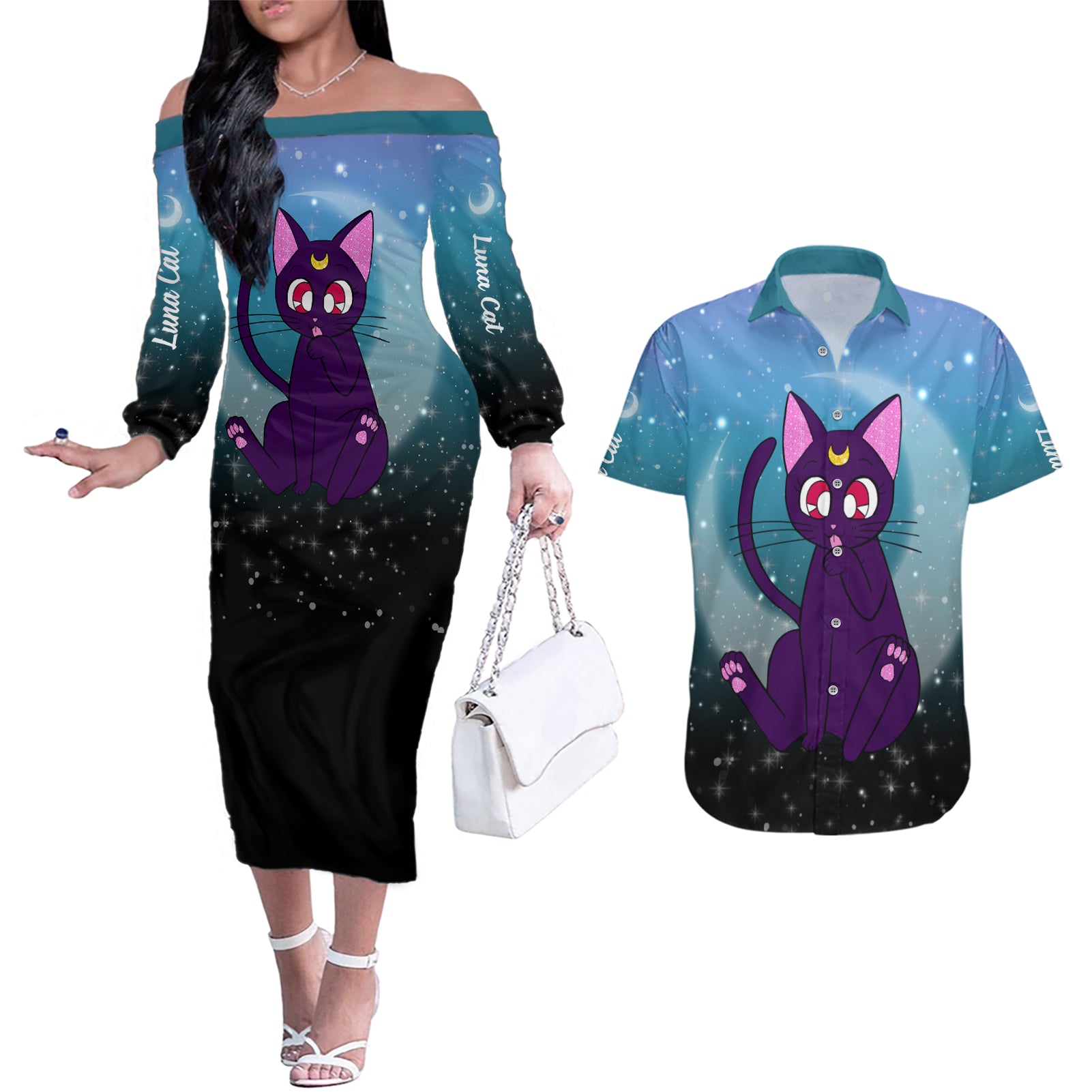 Luna Cat - Sailor Moon Couples Matching Off The Shoulder Long Sleeve Dress and Hawaiian Shirt