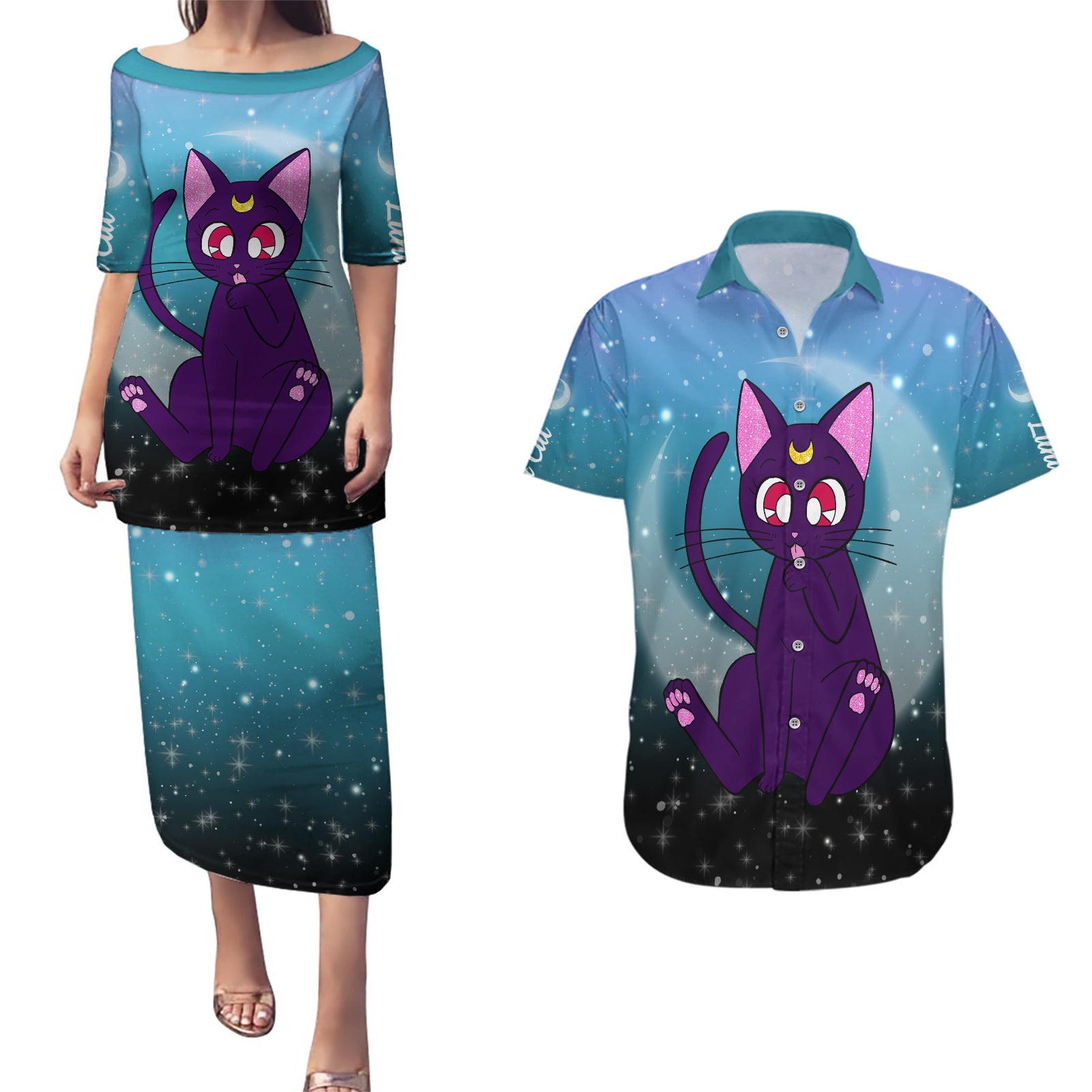 Luna Cat - Sailor Moon Couples Matching Puletasi and Hawaiian Shirt