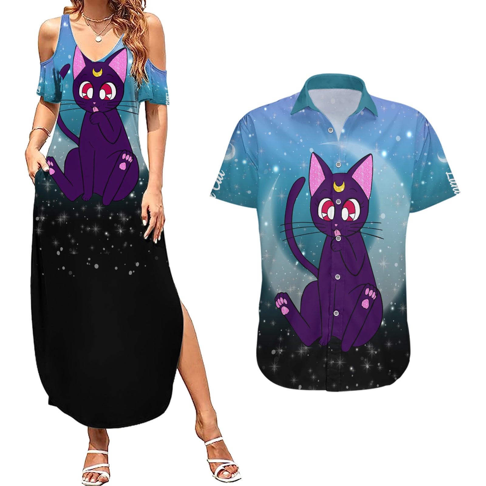 Luna Cat - Sailor Moon Couples Matching Summer Maxi Dress and Hawaiian Shirt