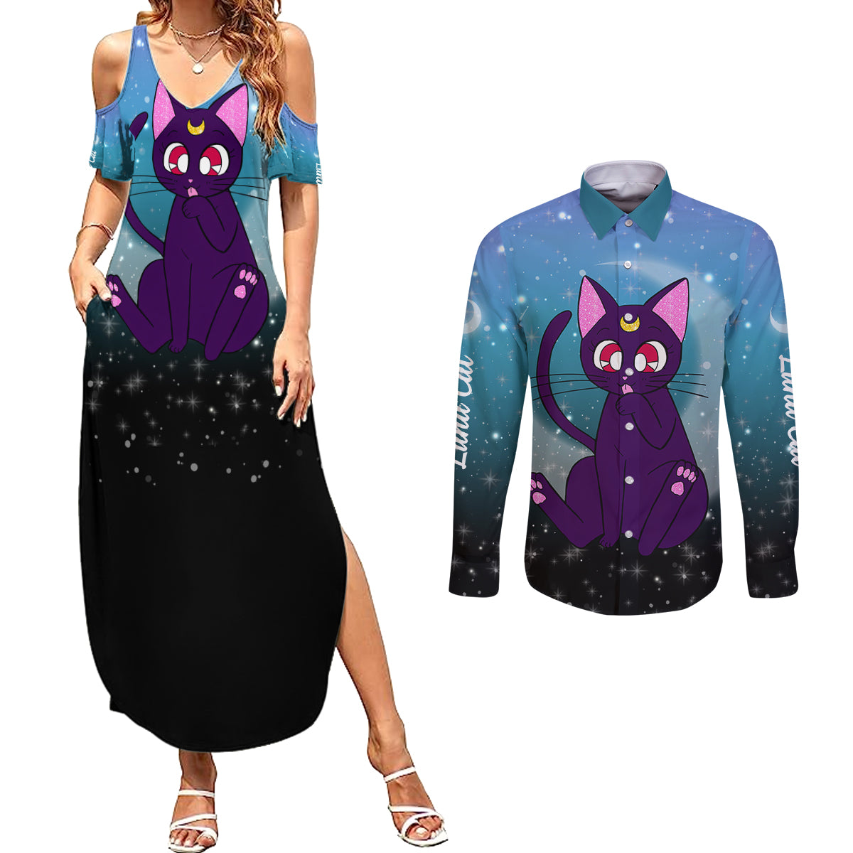 Luna Cat - Sailor Moon Couples Matching Summer Maxi Dress and Long Sleeve Button Shirt