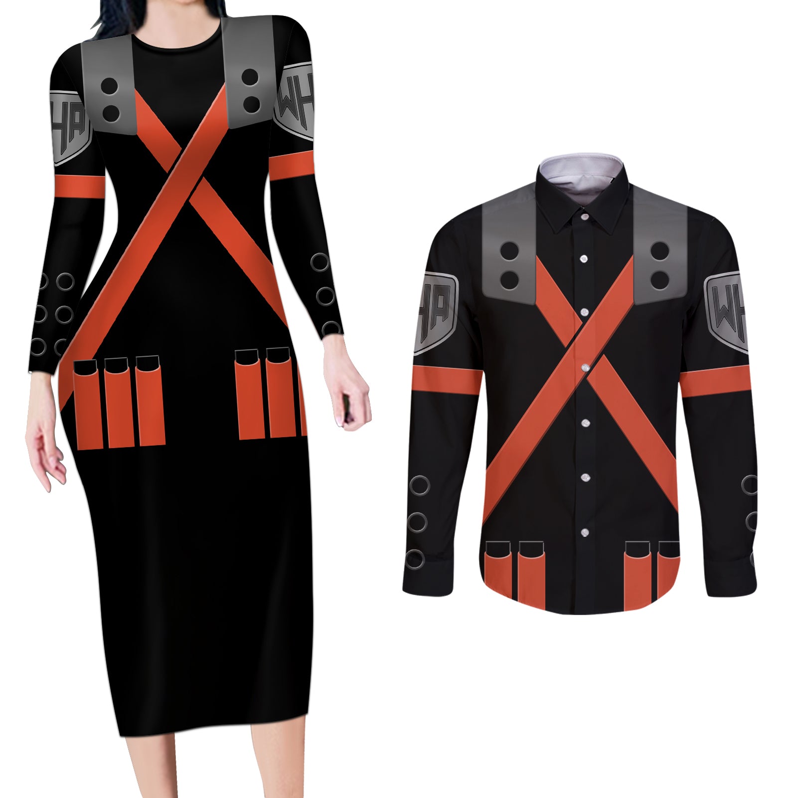 Musketeer Katsuki Bakugo - Anime Couples Matching Long Sleeve Bodycon Dress and Long Sleeve Button Shirt