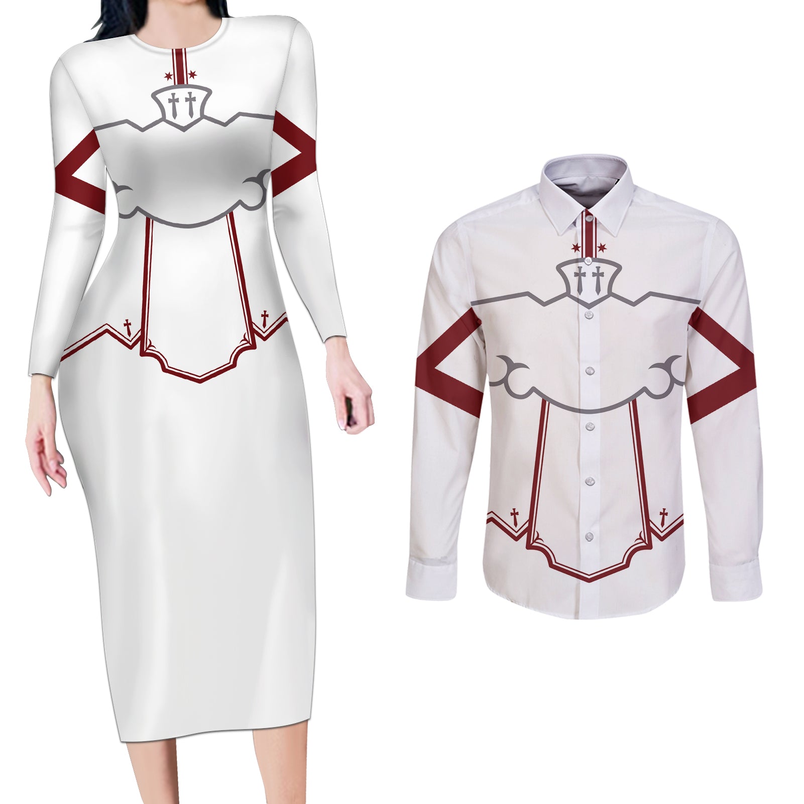 Asuna Yuuki Uniform Couples Matching Long Sleeve Bodycon Dress and Long Sleeve Button Shirt Sword Art Online