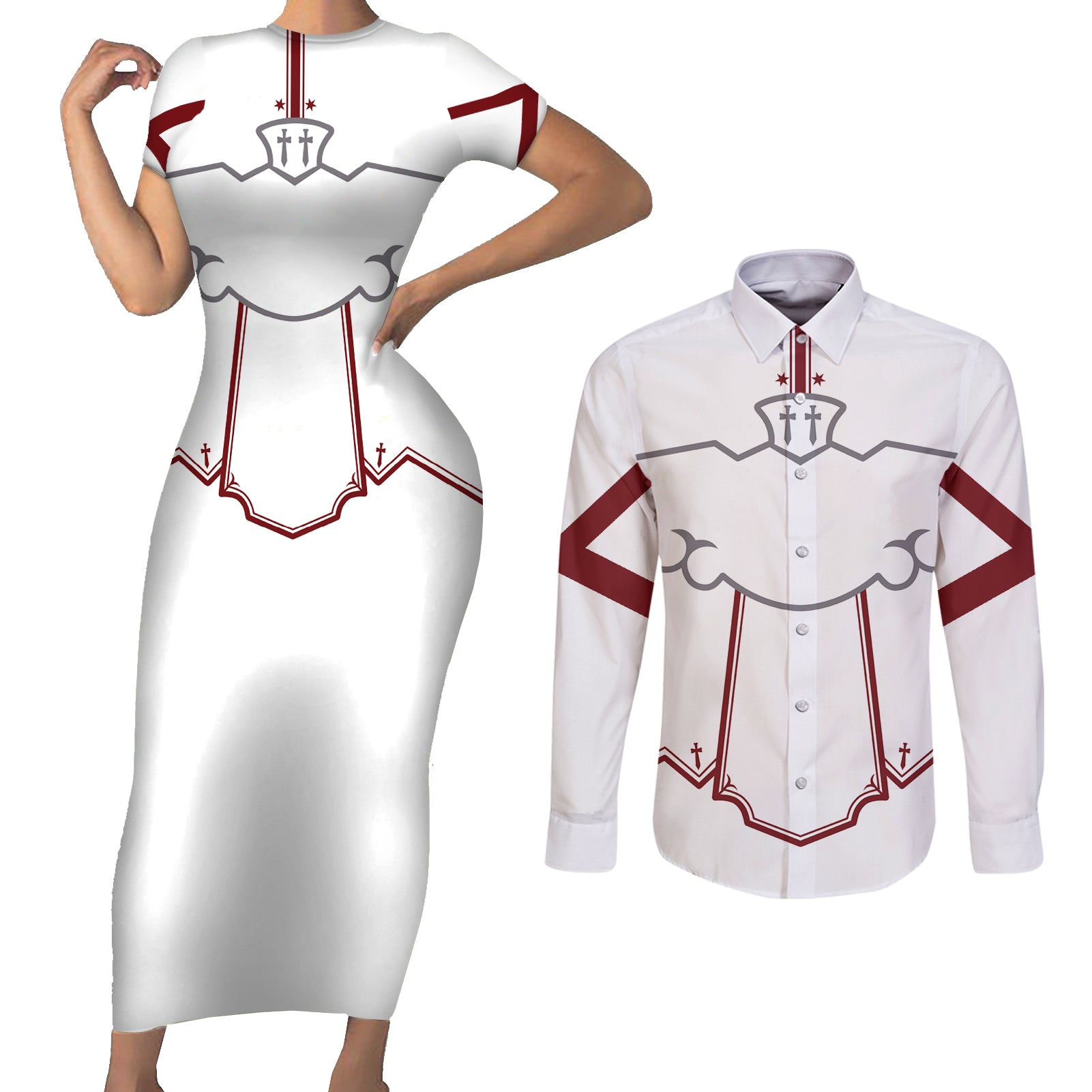 Asuna Yuuki Uniform Couples Matching Short Sleeve Bodycon Dress and Long Sleeve Button Shirt Sword Art Online