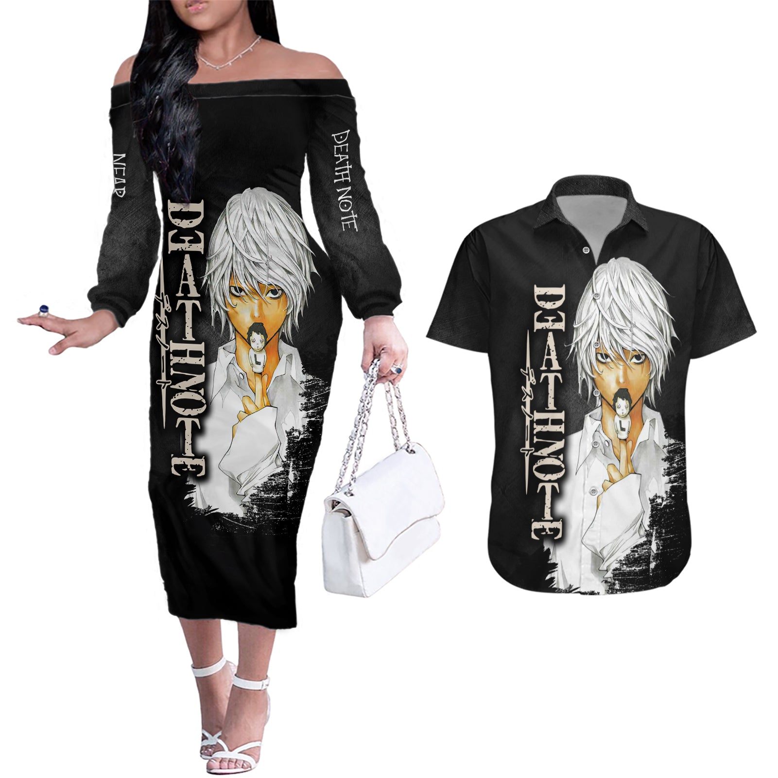 Near - Death Note Couples Matching Off The Shoulder Long Sleeve Dress and Hawaiian Shirt Anime Style