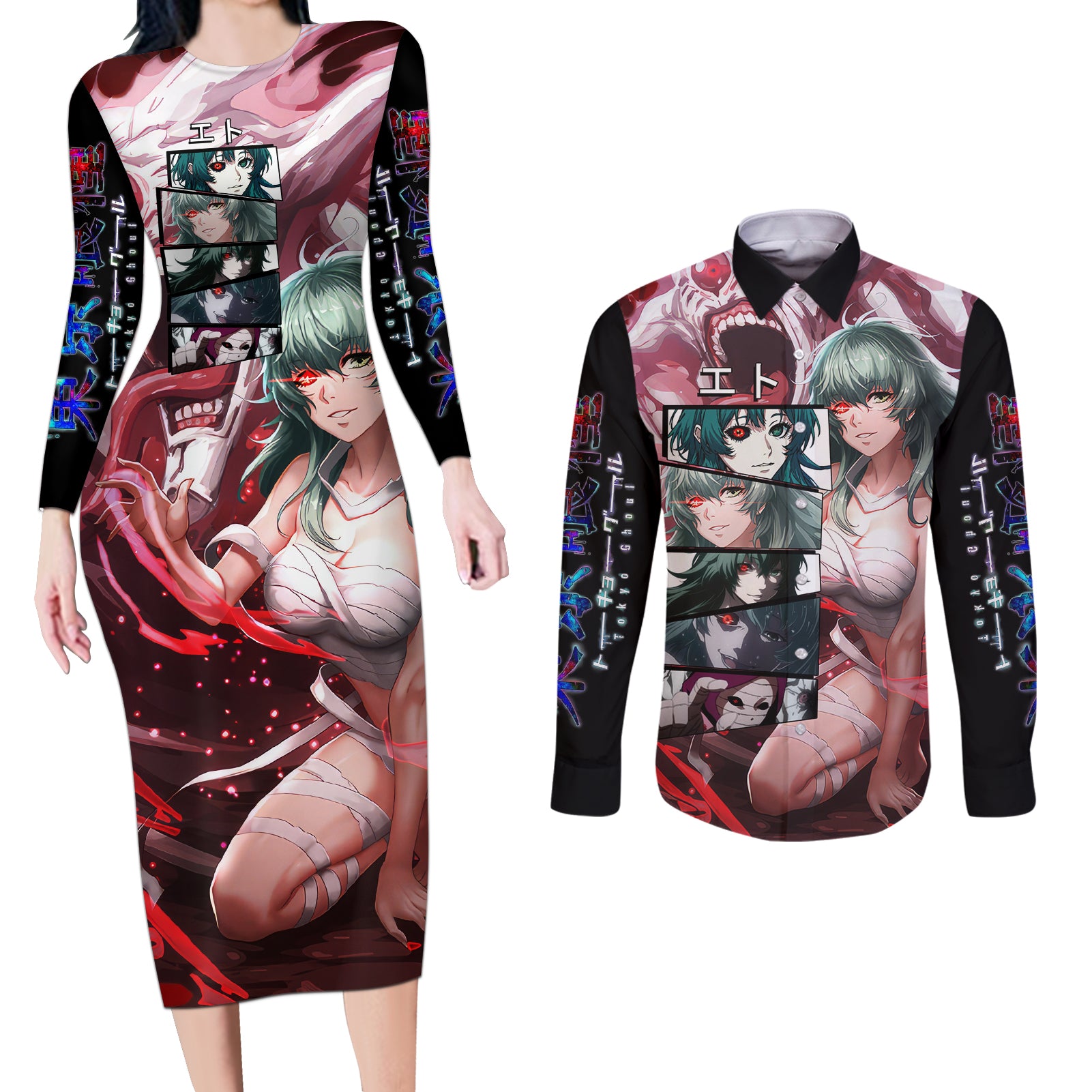 Eto Couples Matching Long Sleeve Bodycon Dress and Long Sleeve Button Shirt Tokyo Ghoul