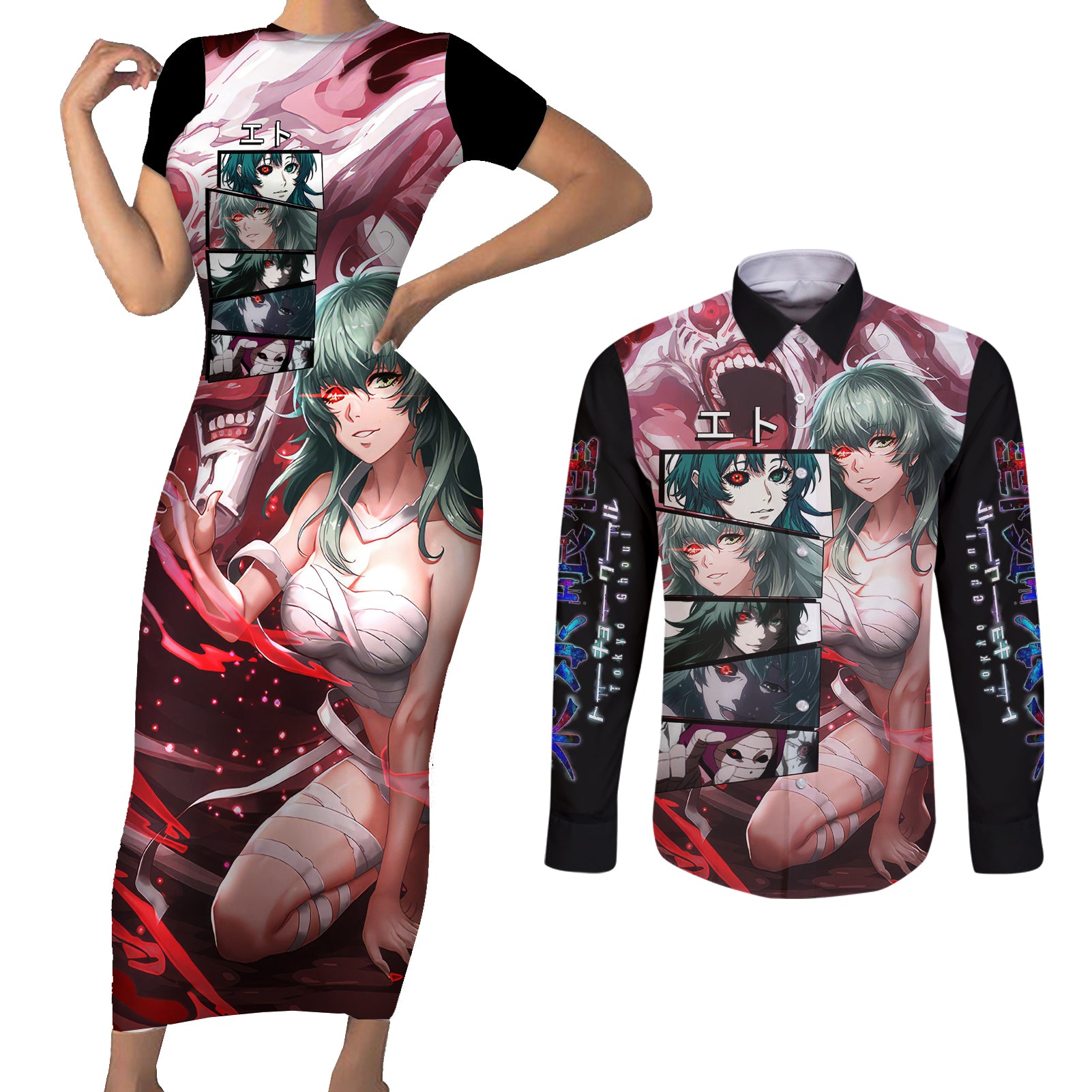 Eto Couples Matching Short Sleeve Bodycon Dress and Long Sleeve Button Shirt Tokyo Ghoul