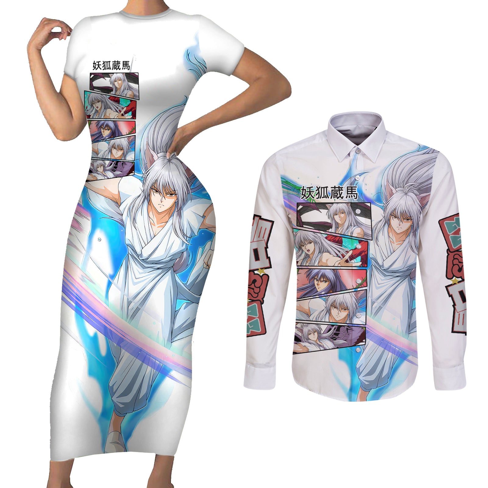 Youko Kurama Couples Matching Short Sleeve Bodycon Dress and Long Sleeve Button Shirt YuYu Hakusho