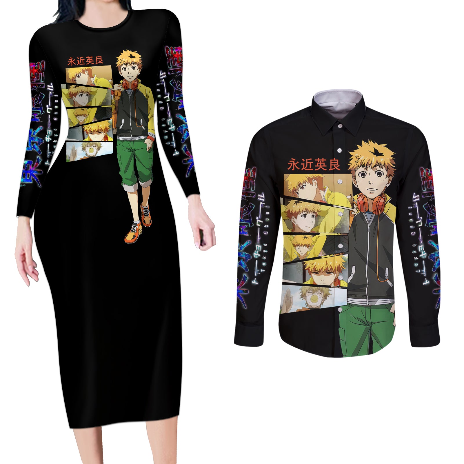 Hideyoshi Nagachika Couples Matching Long Sleeve Bodycon Dress and Long Sleeve Button Shirt Ken Kaneki