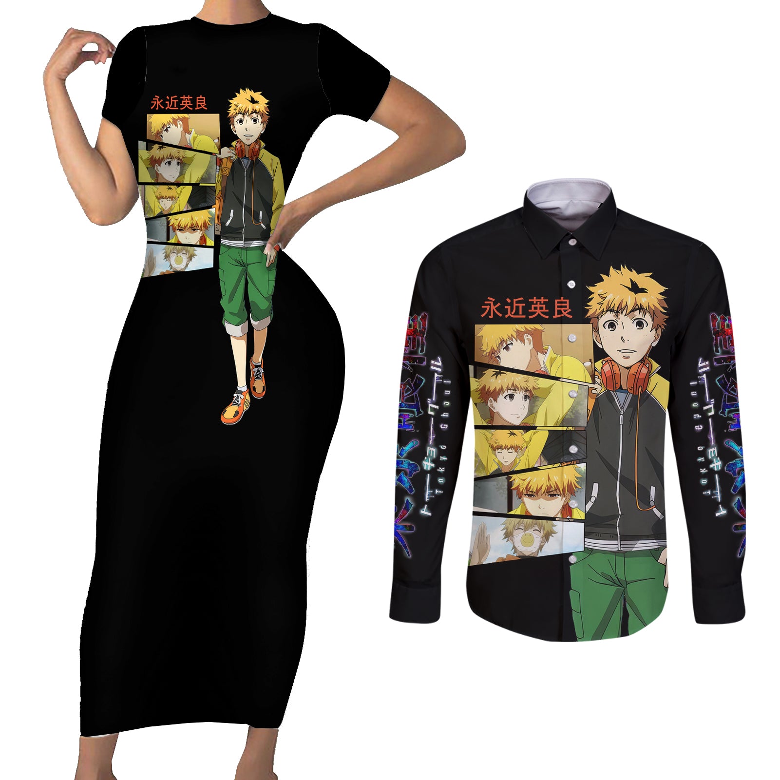 Hideyoshi Nagachika Couples Matching Short Sleeve Bodycon Dress and Long Sleeve Button Shirt Ken Kaneki