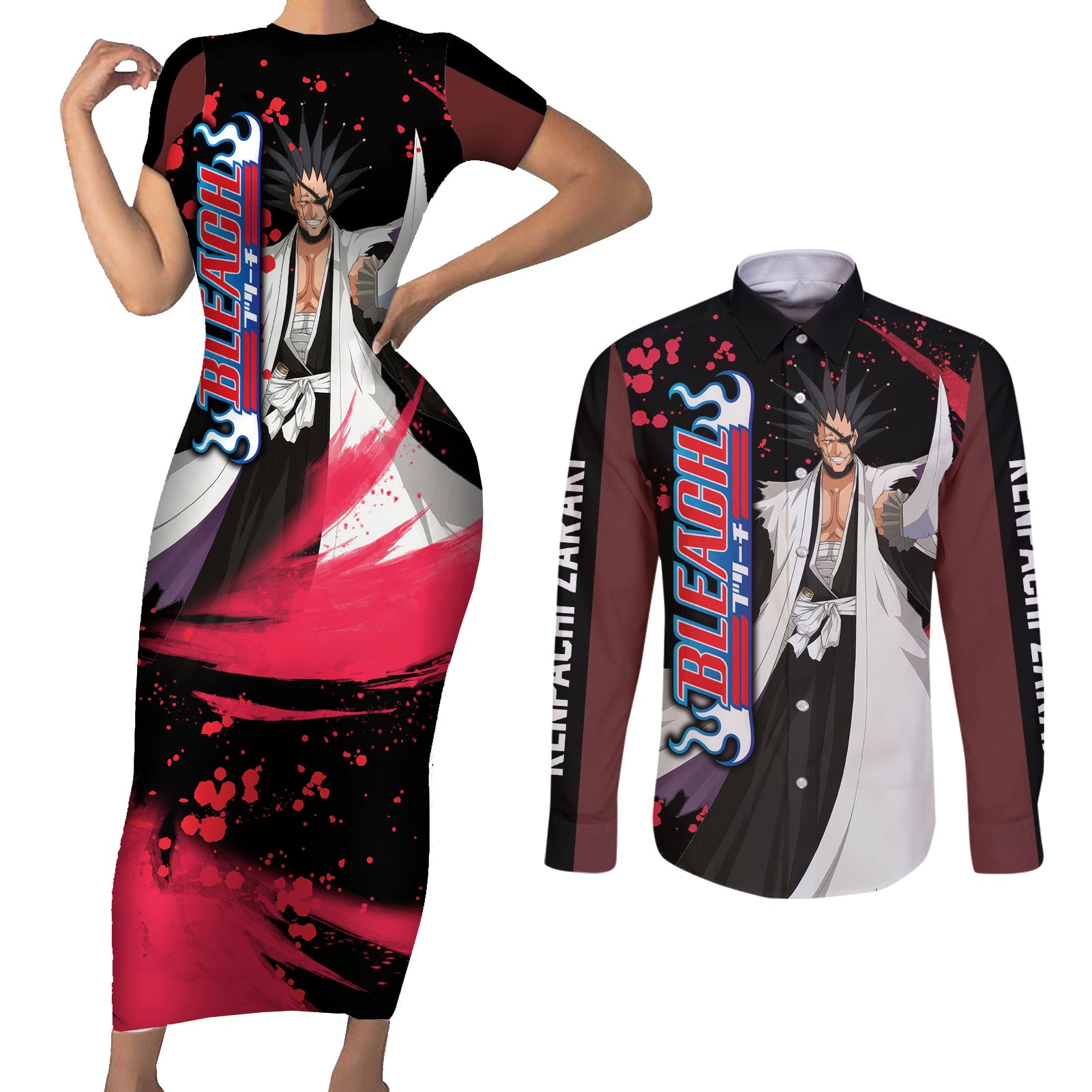 Kenpachi Zaraki Couples Matching Short Sleeve Bodycon Dress and Long Sleeve Button Shirt Bleach