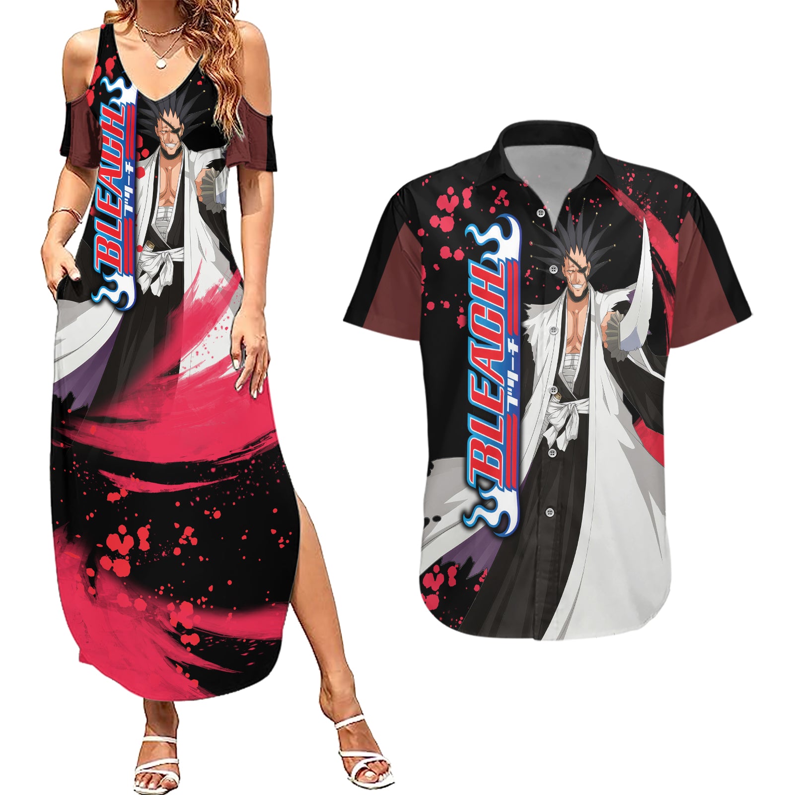 Kenpachi Zaraki Couples Matching Summer Maxi Dress and Hawaiian Shirt Bleach