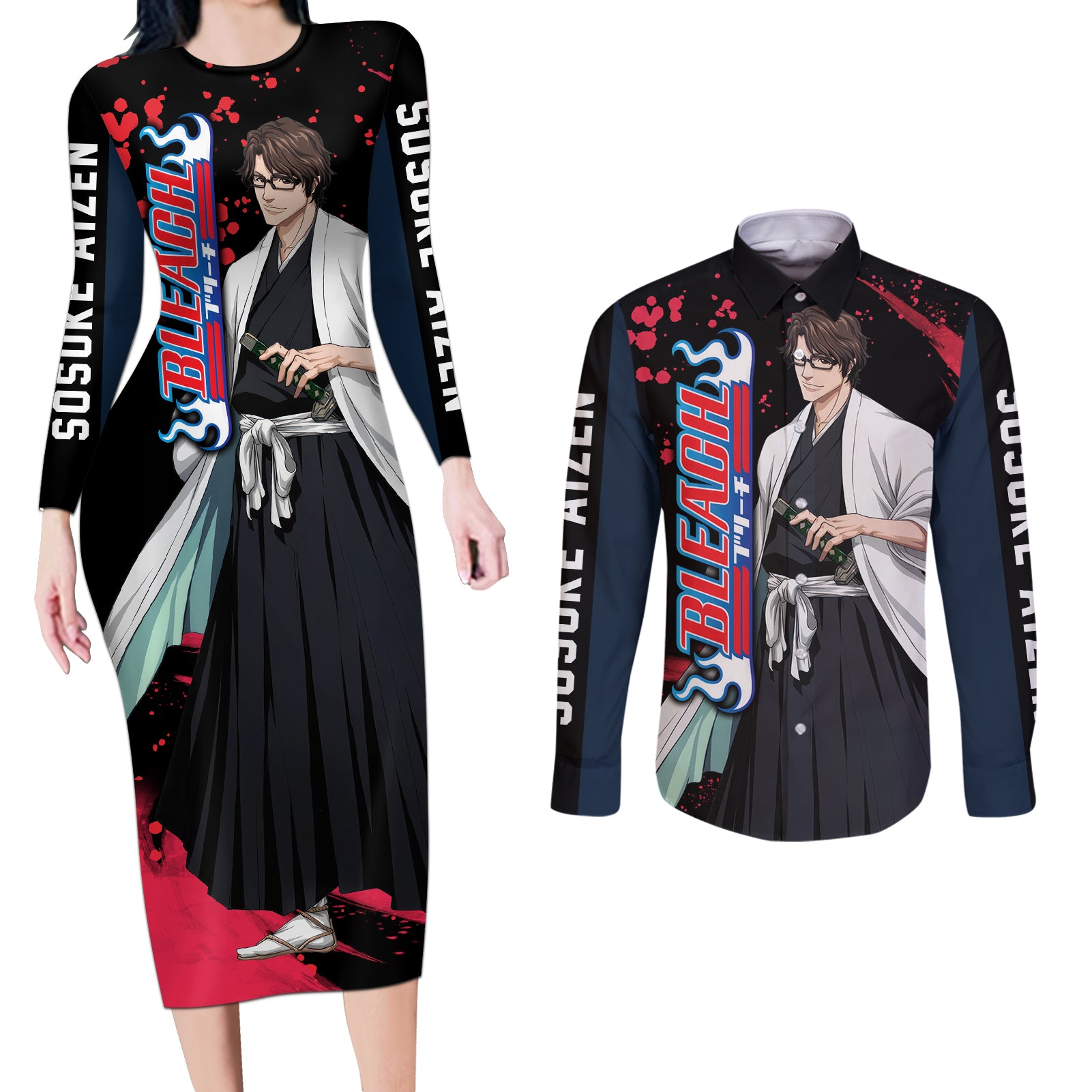 Sosuke Aizen Couples Matching Long Sleeve Bodycon Dress and Long Sleeve Button Shirt Bleach