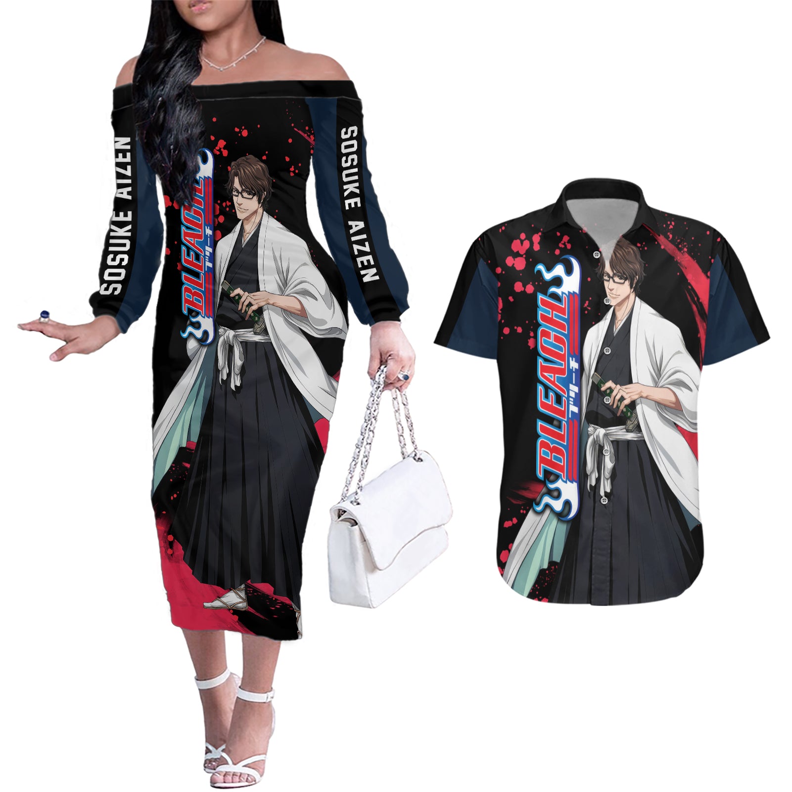 Sosuke Aizen Couples Matching Off The Shoulder Long Sleeve Dress and Hawaiian Shirt Bleach