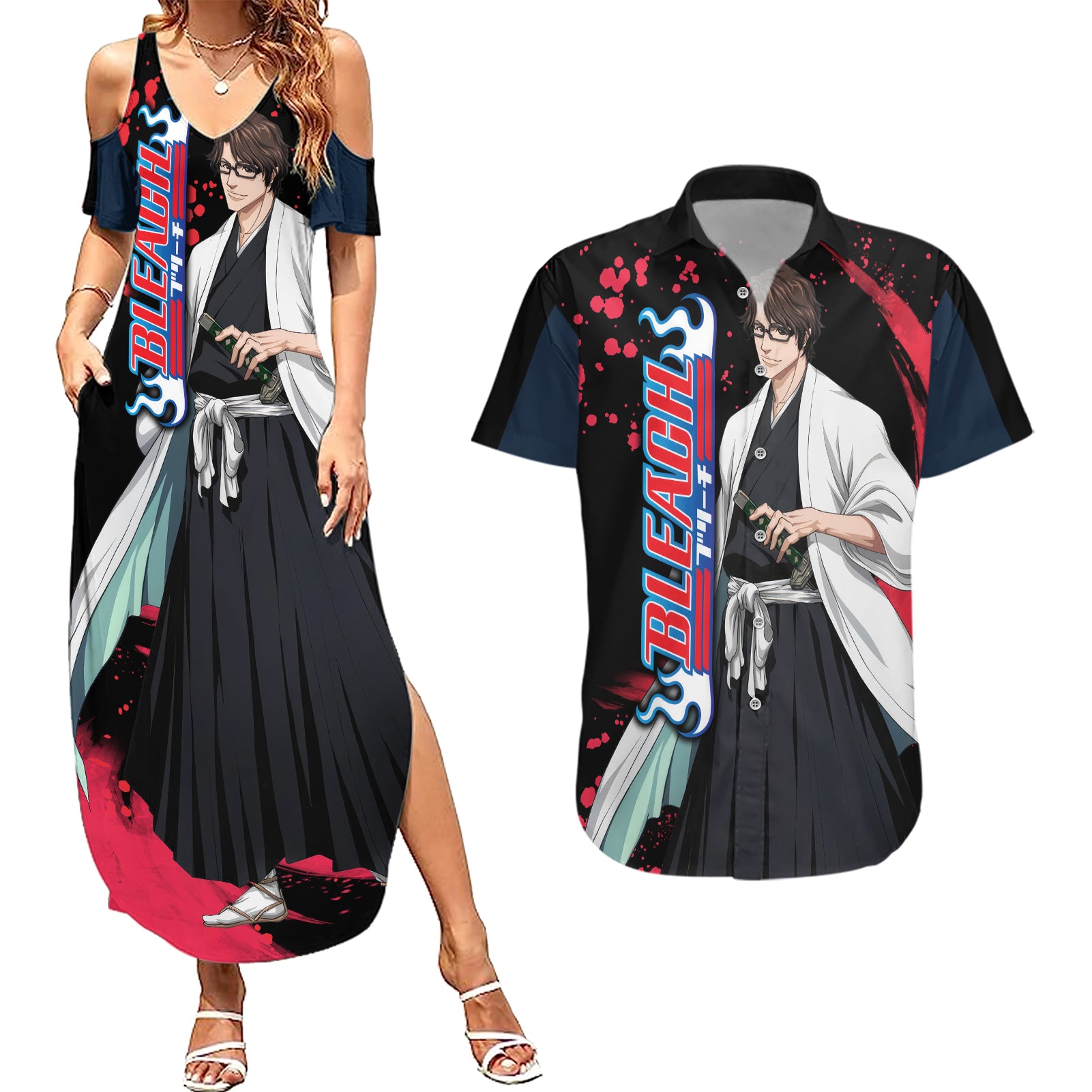 Sosuke Aizen Couples Matching Summer Maxi Dress and Hawaiian Shirt Bleach