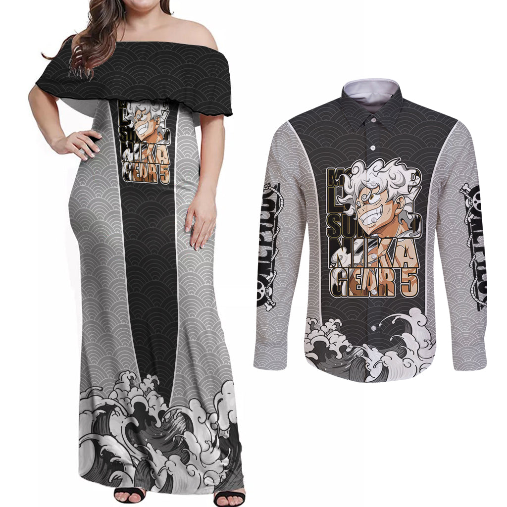 Monkey D Luffy Nika Gear 5 - One Piece Couples Matching Off Shoulder Maxi Dress and Long Sleeve Button Shirt Japan Anime Style