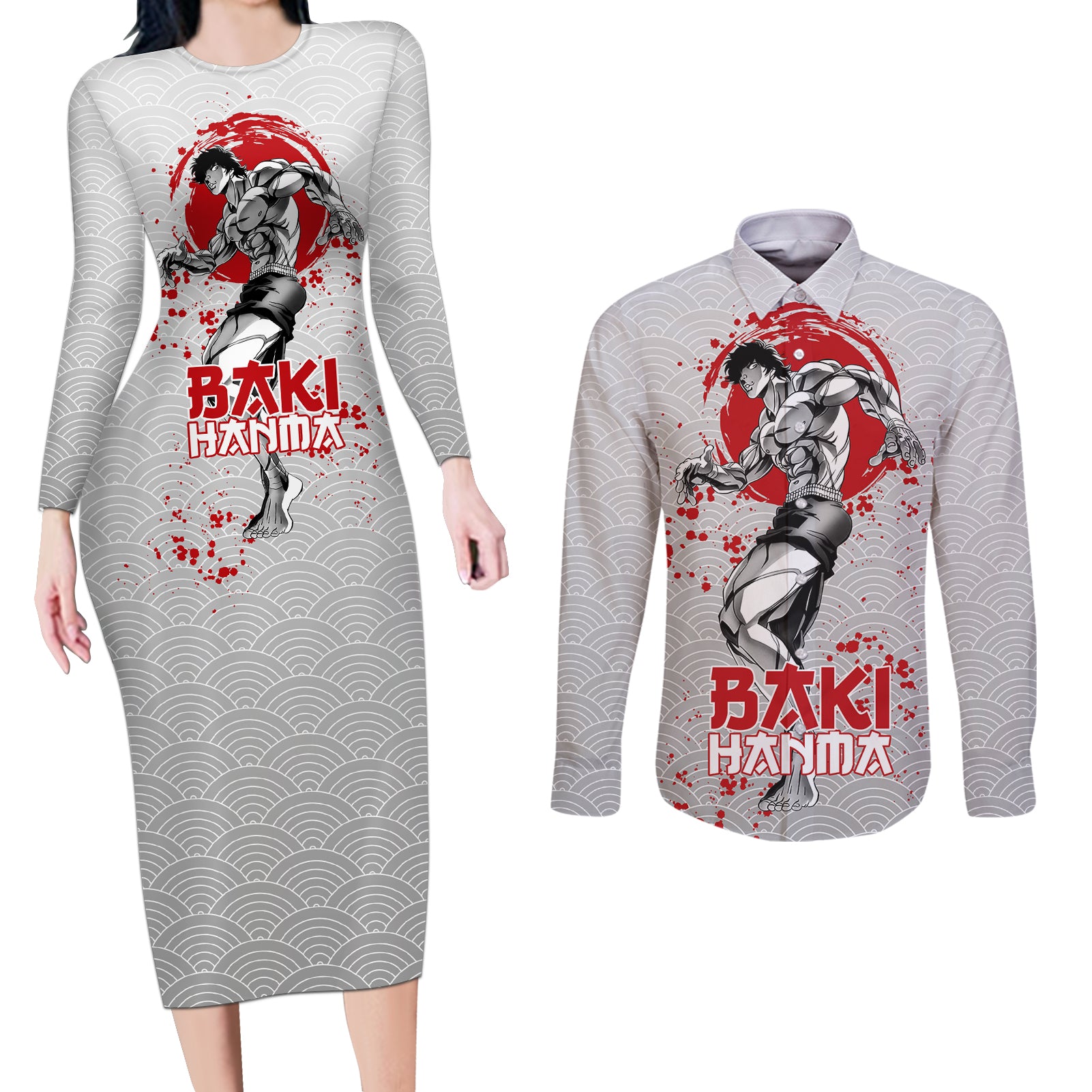 Baki Hanma - Baki Hanm Couples Matching Long Sleeve Bodycon Dress and Long Sleeve Button Shirt Japan Anime Style