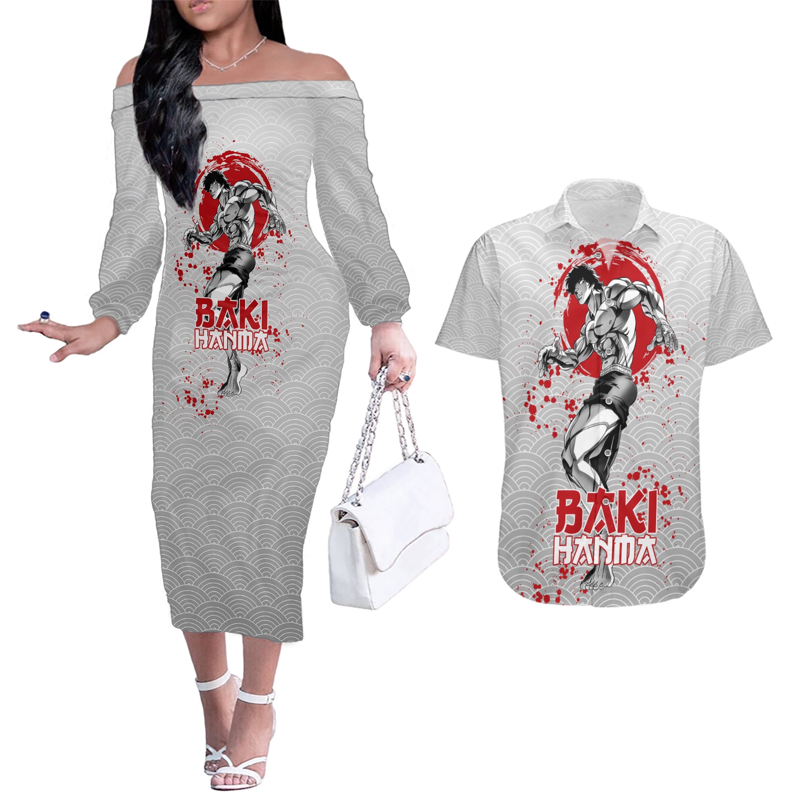 Baki Hanma - Baki Hanm Couples Matching Off The Shoulder Long Sleeve Dress and Hawaiian Shirt Japan Anime Style