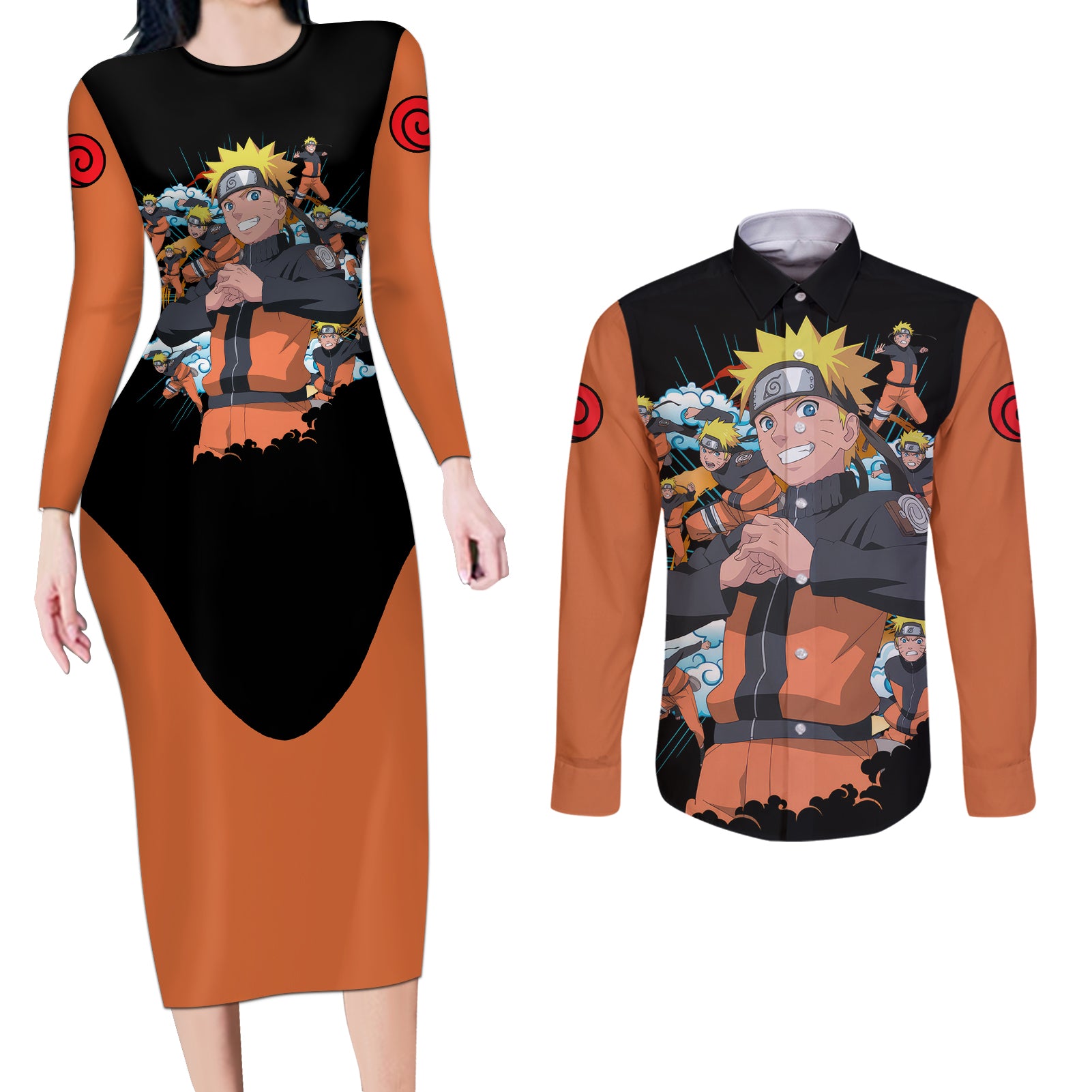 Uzumaki Shadow Clone Jutsu - Naruto Couples Matching Long Sleeve Bodycon Dress and Long Sleeve Button Shirt Anime Style